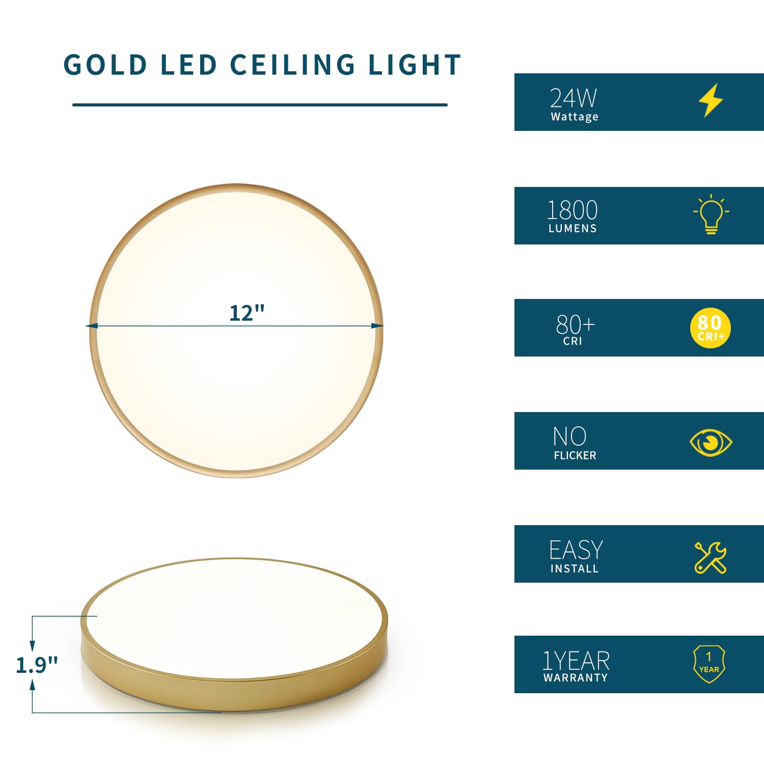 Wheatronic Gold Flush Mount Ceiling Light Fixture LED, 24W, 12 inch, Dimmable, Set of 2, Metal for Bedroom, Kitchen, Bathroom, Living Room