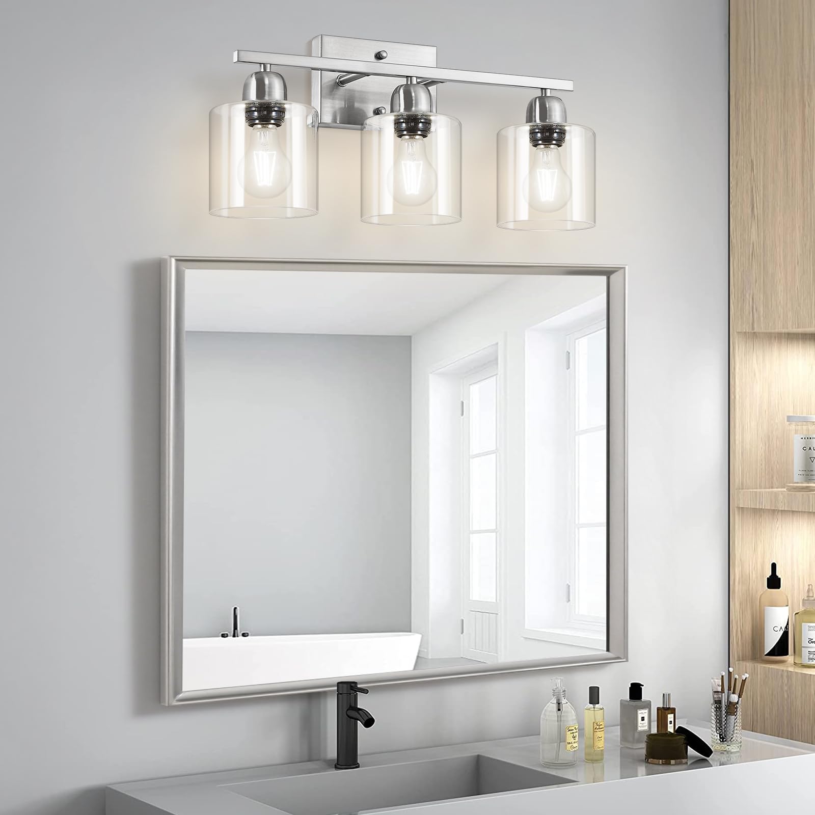 Faishilan Modern Brushed Nickel 3 Light 19 Inch Vanity Lights For Bathroom With Clear Glass  Bathroom Lighting Fixtures Over Mirror For Mirror Kitchen Living Room Hallway Cabinet Porch