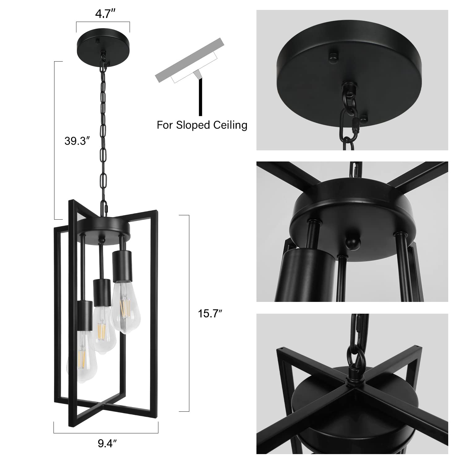 MIPAWS Modern Black Pendant Light Fixture, 3-Light Metal Cage Chandelier for Kitchen, Dining Room, Entryway