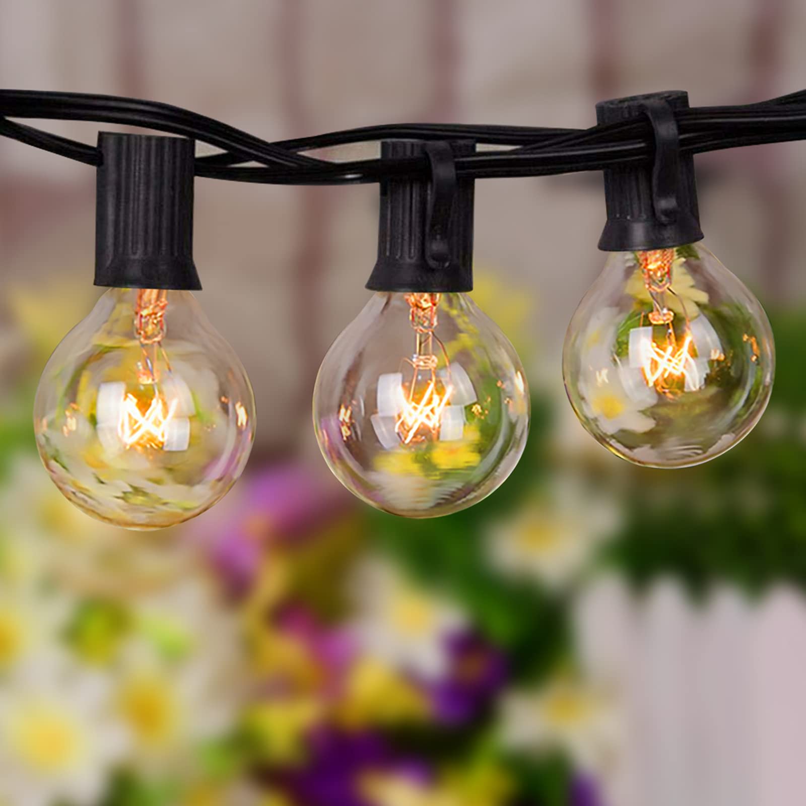 SUNSGNE Outdoor Globe String Lights, 50ft, 53 Bulbs, Black, Connectable, Commercial Hanging Lights for Patio, Christmas, Wedding Decor