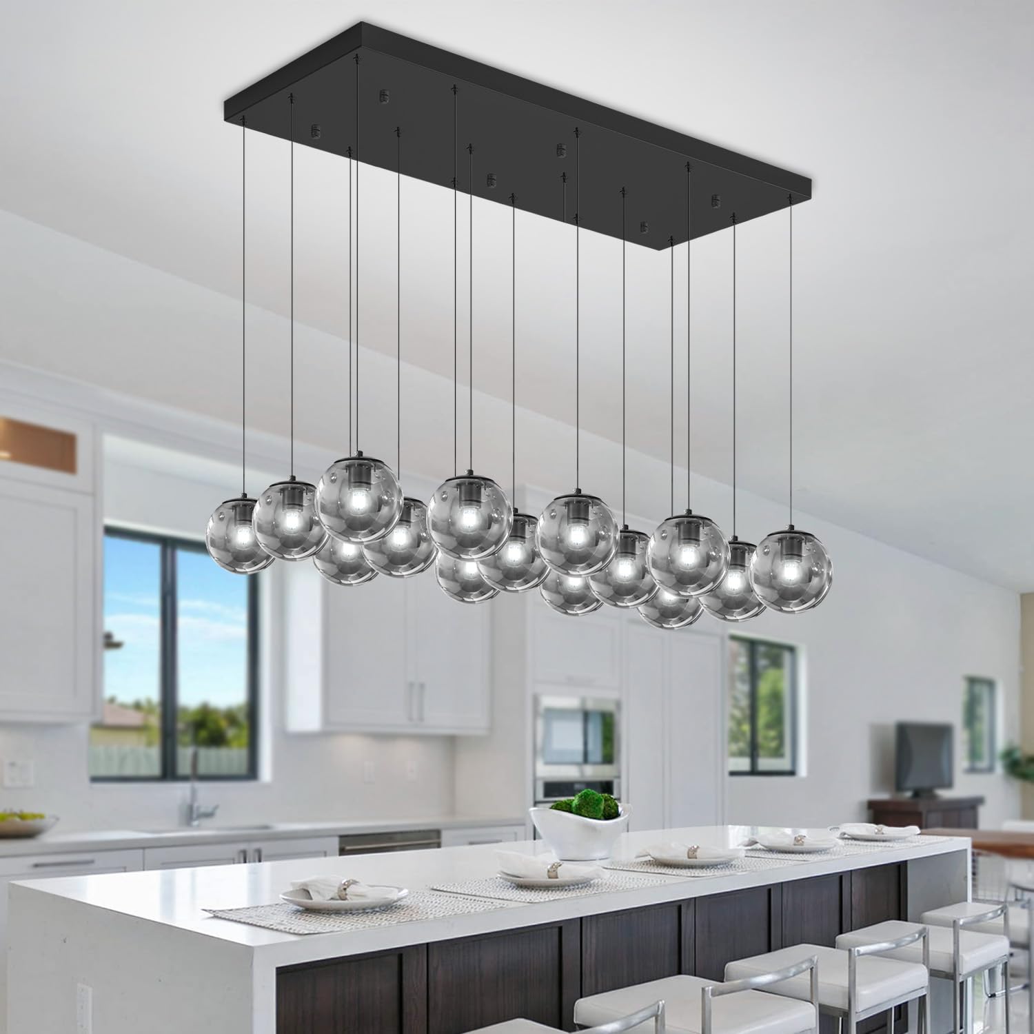 ykolupty Rectangular Chandelier 16-Light Smoke Gray Metal Modern Fixture for Dining Room, Living Room, Foyer - Model TP3016-YH-16H-CT