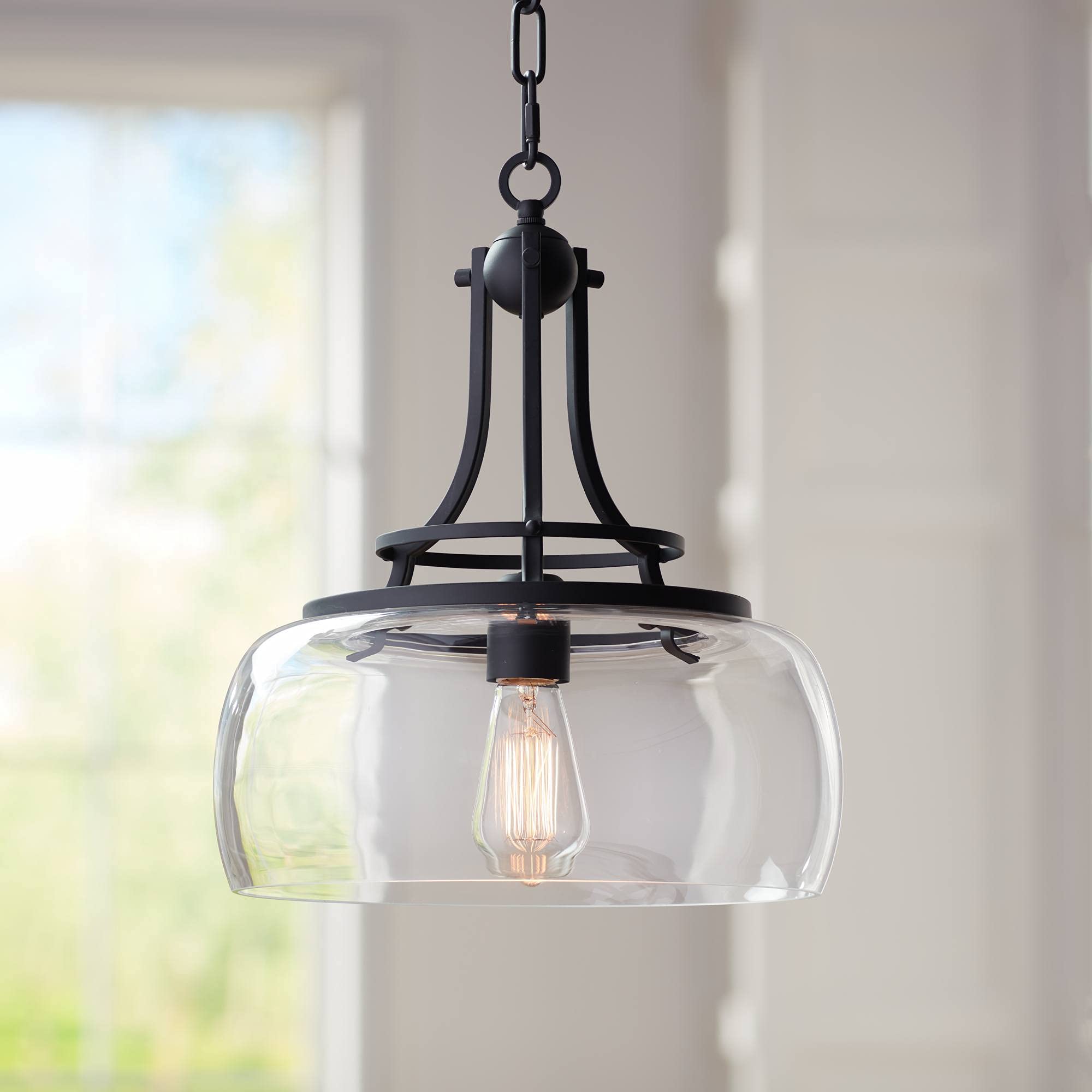 Franklin Iron Works Pendant Light - Black Metal, Clear Glass, 13.5in Wide, 16in High, Model LPP-12972/1 for Kitchen and Living Rooms