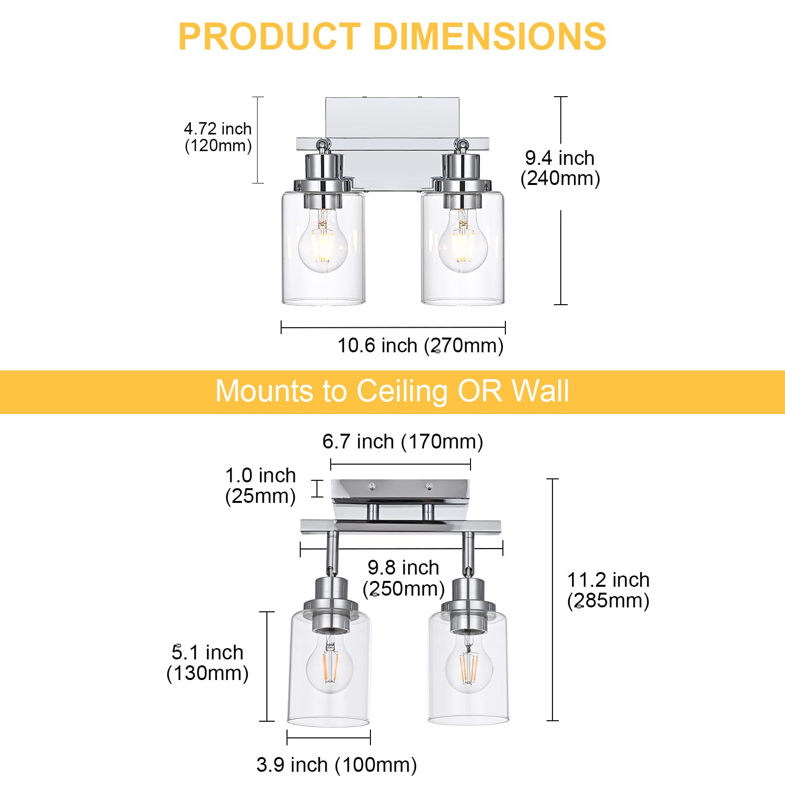 Wanluce 2-Light Track Lighting Kit Ceiling Kitchen Track Lighting Fixtures Chrome Bathroom Vanity Wall Lights With Clear Glass Multi-Directional Rotating Tracking Light Heads Spotlight For Accent Shop