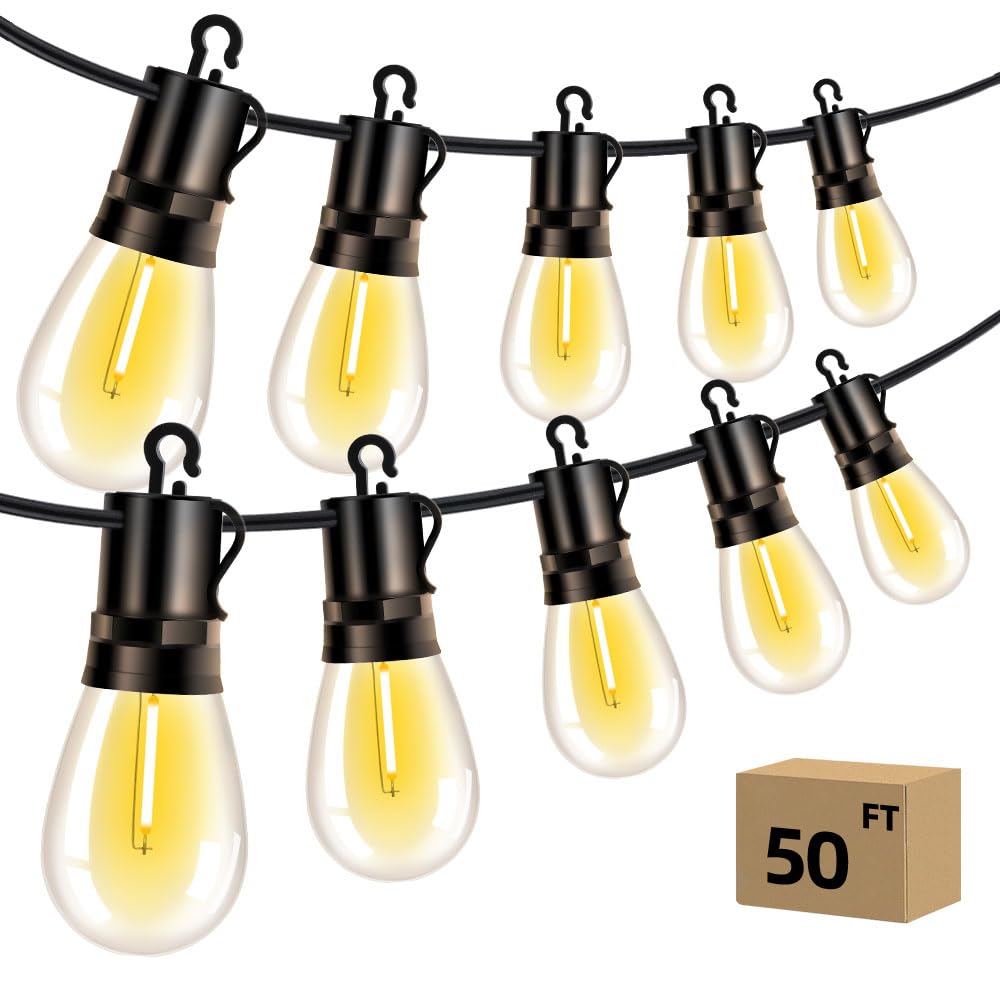 VOZUJI Outdoor Patio String Lights 50ft: S14 LED Shatterproof Bulbs 3 Modes Button Control - Waterproof Connectable Hanging Lights - Garden Backyard Yard Gazebo Porch Party Decorative