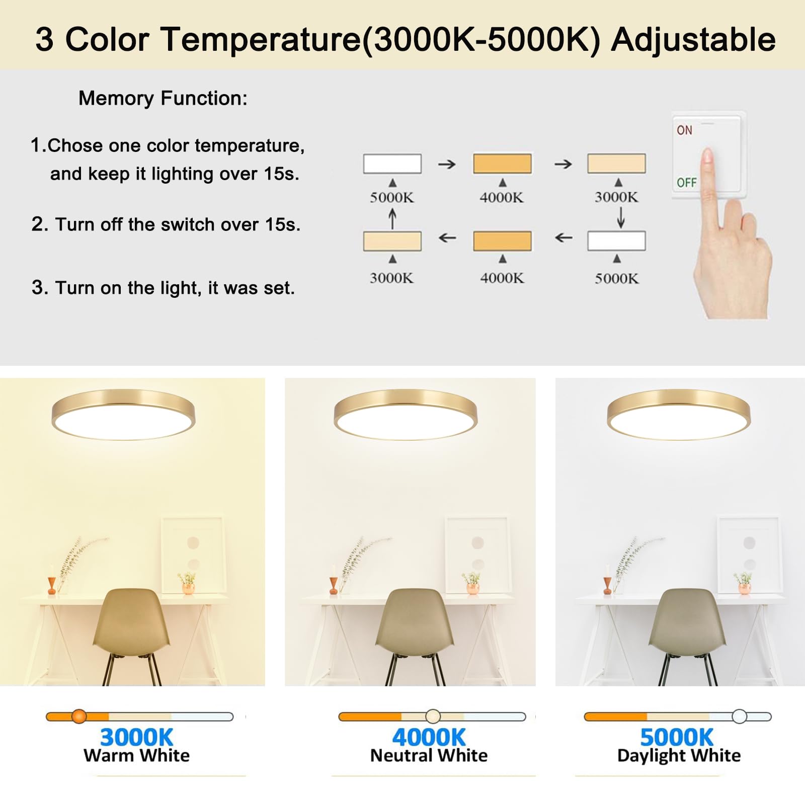 Sottae 2 Pack 12 Inch Brushed Gold Metal Flush Mount Led Ceiling Light,3000K-5000K 20W Thin Round Ceiling Lamp,Modern Low Profil