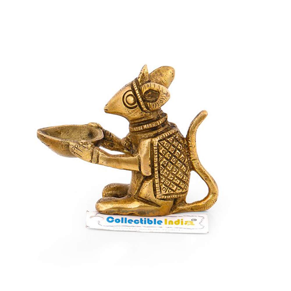 Collectible India Brass Mouse Holding Diya Oil lamp Sculpture Designer Showpiece Diwali Decoration Items