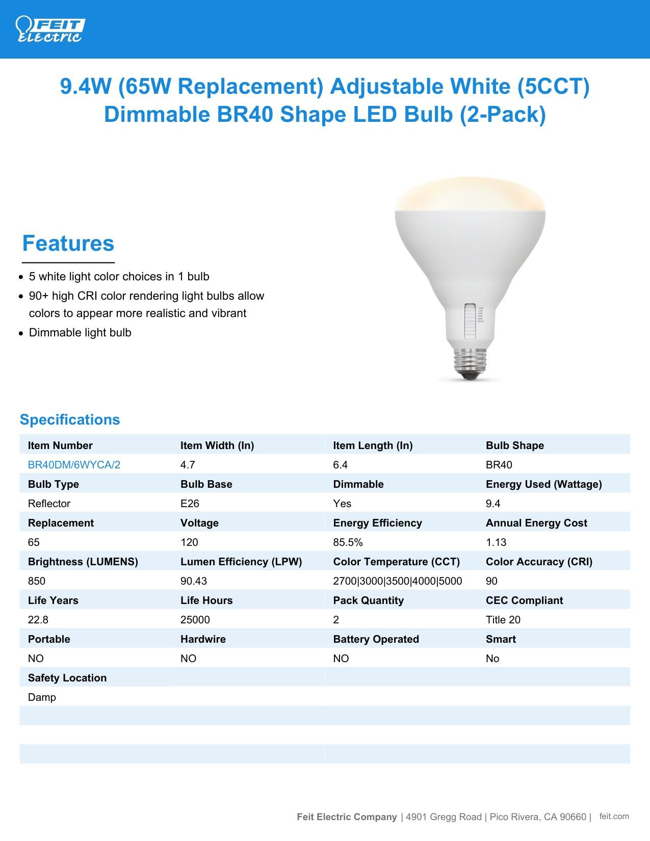 Feit Electric BR40 LED Light Bulb, Dimmable, 65W Equivalent, 850 Lumens, 22-Year Lifetime, E26 Base, 2 Pack, 6-Way