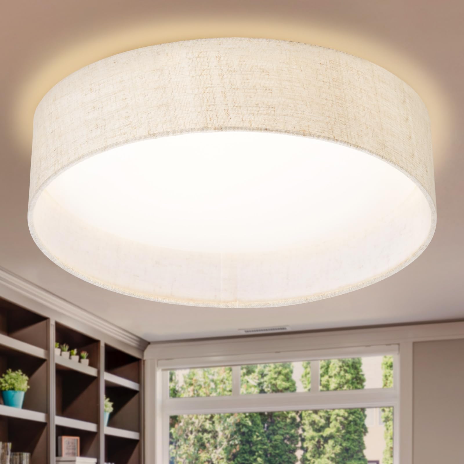 Hamilyeah Flush Mount Ceiling Light Fixture 24W, Dimmable LED Ceiling Light with Beige Fabric Shade 5CCT, 12 inch Drum Light Fix