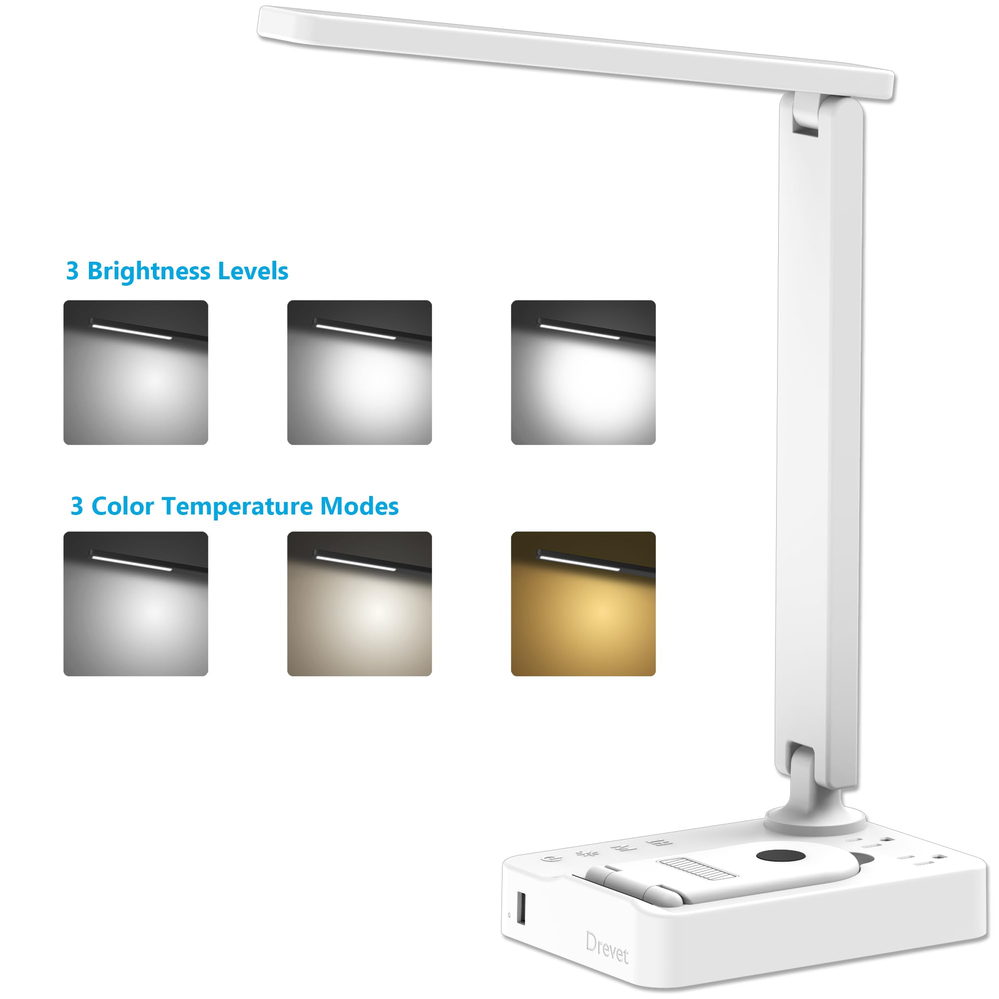 Drevet Led Desk Lamp With Wireless Charger, Desk Table Light With Usb Charging Port And 2 Outlets, 3 Lighting Modes, 3 Level Bri