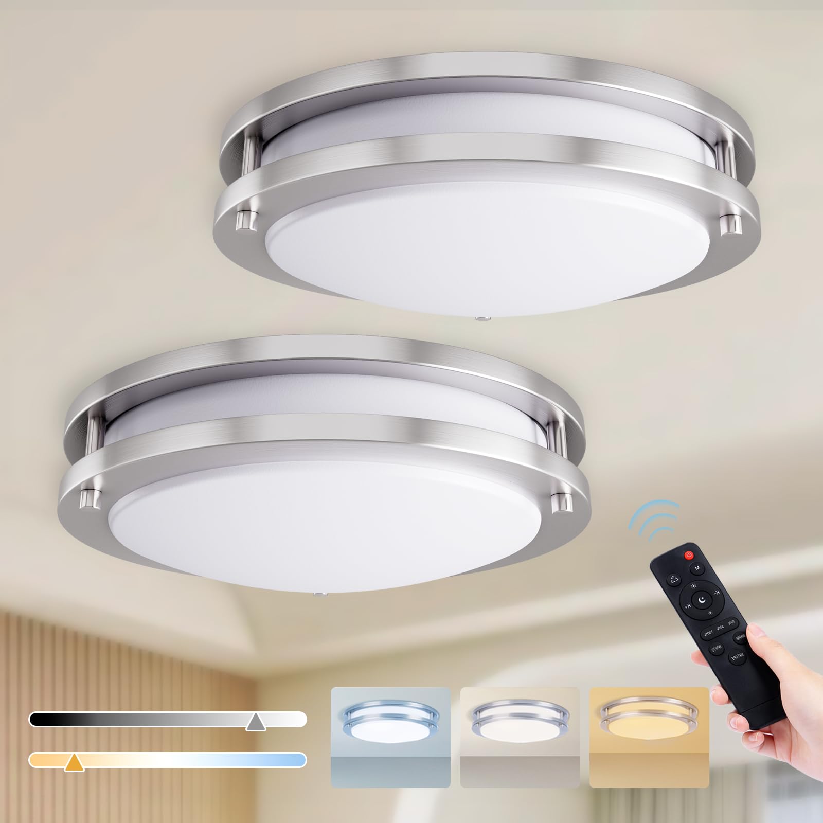 Kalium LED Ceiling Light with Remote 2 Pack 13 Inch Flush Mount Ceiling Light Fixture, 24W 3000K-6000K Adjustable Color Temperat