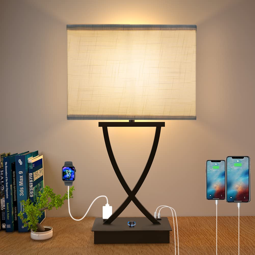 OYedis Fully Dimmable Medium Table Lamp for Bedroom with Type C/USB Charging Port and 1 AC Outlet White Shade 21.38'' Bedside Ni