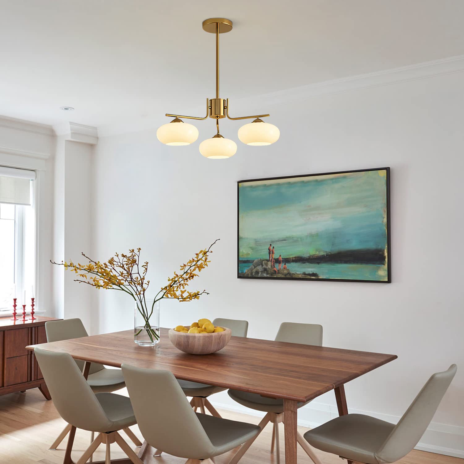 KCO Lighting Mid Century Modern Pendant Light 3-Light Metal Chandelier Brushed Brass White Globe Fixture L1127-3-Head