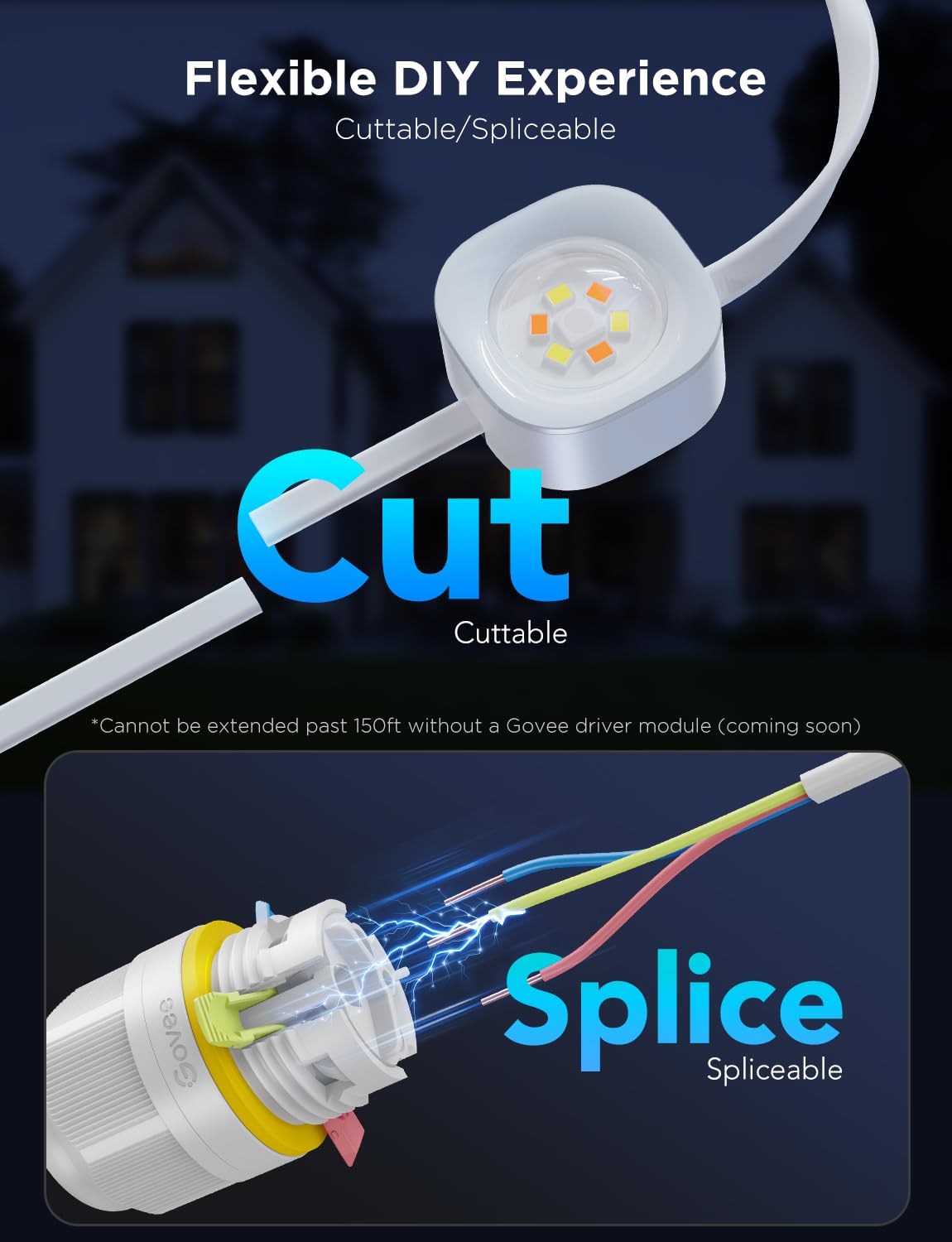 Govee 200ft Permanent Outdoor Lights Pro, 120 RGBIC LED, IP67 Waterproof, Works with Alexa/Google Assistant, White, Model H706C