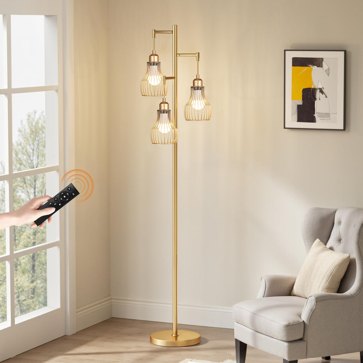 Ziisee Dimmable Gold Floor Lamps For Living Room, Farmhouse Tree Standing Tall Lamp With Remote Control 3 Elegant Cage Shade Led