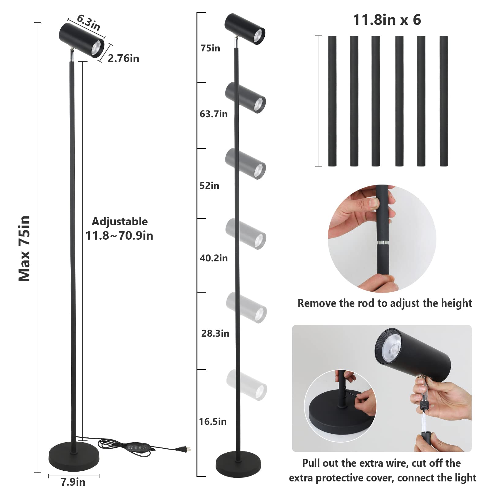 HMVPL Indoor Plant Grow Light Stand, 20W COB Bulb, Black, 4/8/12H Timer, Adjustable Height for Large Seedlings, Model 221106A1