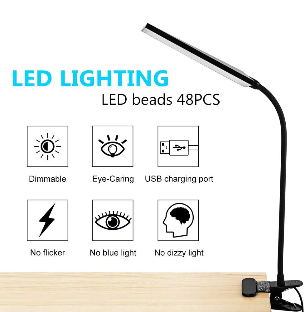 Raoyi Led Desk Lamp, 5W Usb Clip Light, 48 Leds, 3 Modes, 14 Brightness Levels,