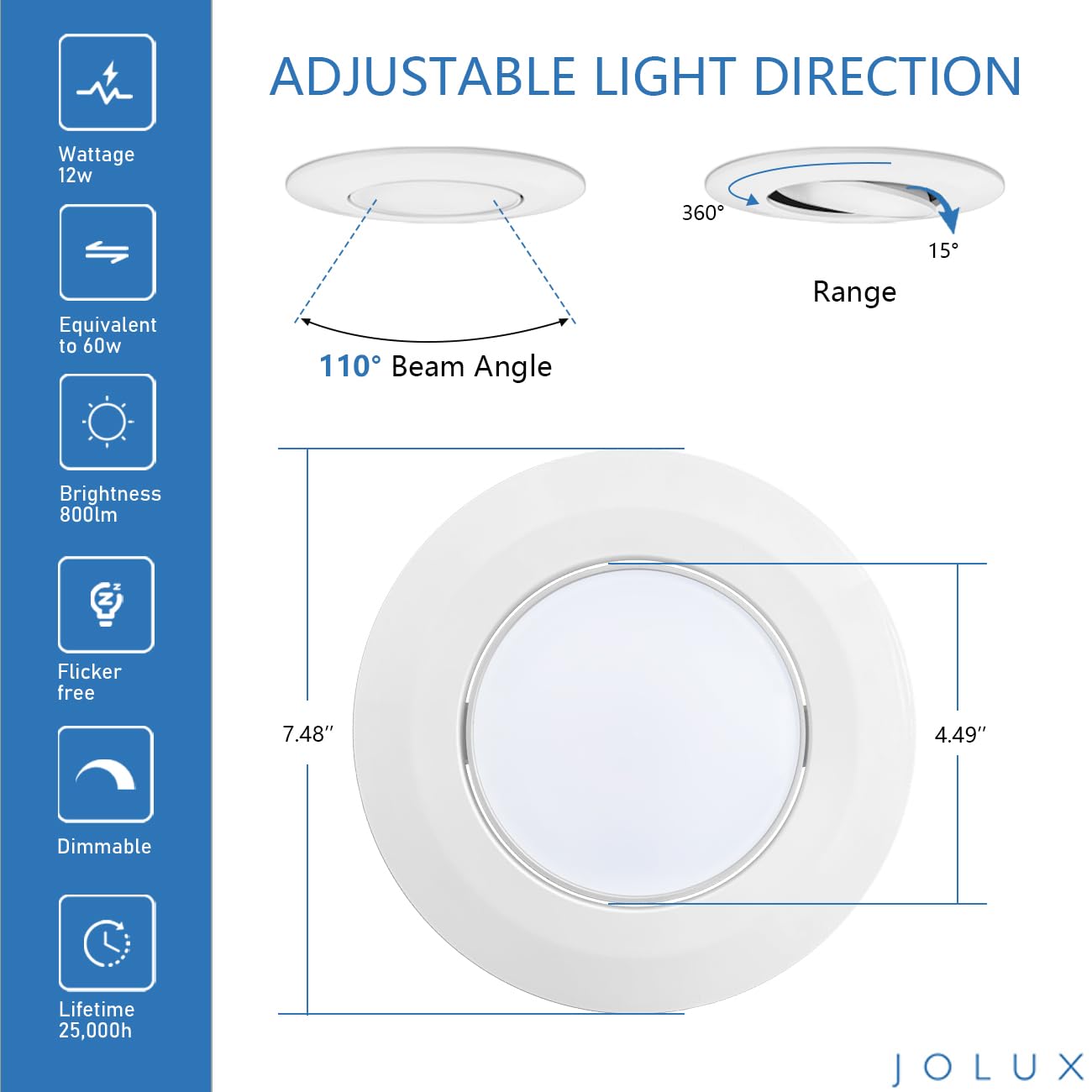 Jolux 4 Pack 5/6 Inch 5Cct Led Can Light Gimbal Retrofit Recessed Downlight, Adjustable Angle, Recessed Lighting Cctselectable 2