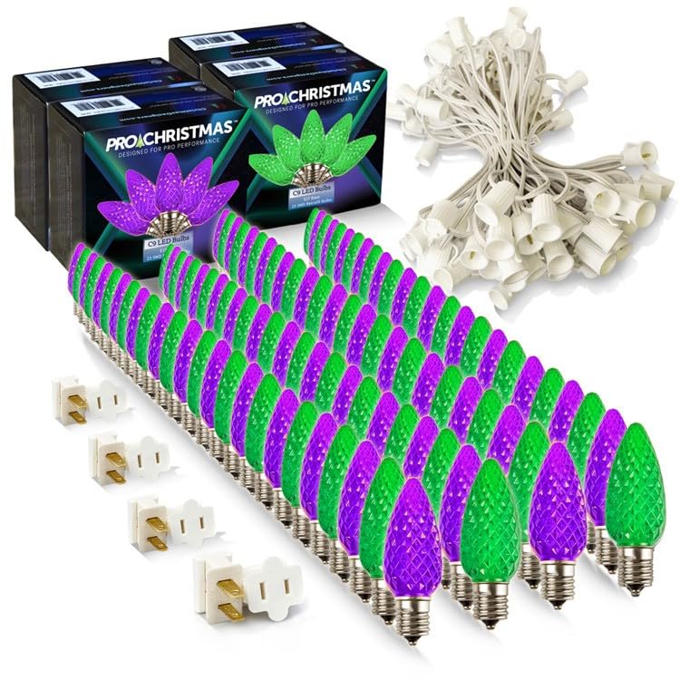Pro Christmas C9 LED Christmas Light Kit for Rooflines & Pathways - DIY Cut to Length  Outdoor Commercial Grade (White Wire w/Vampire Plugs  100 Bulbs  100 ft) Purple and Green