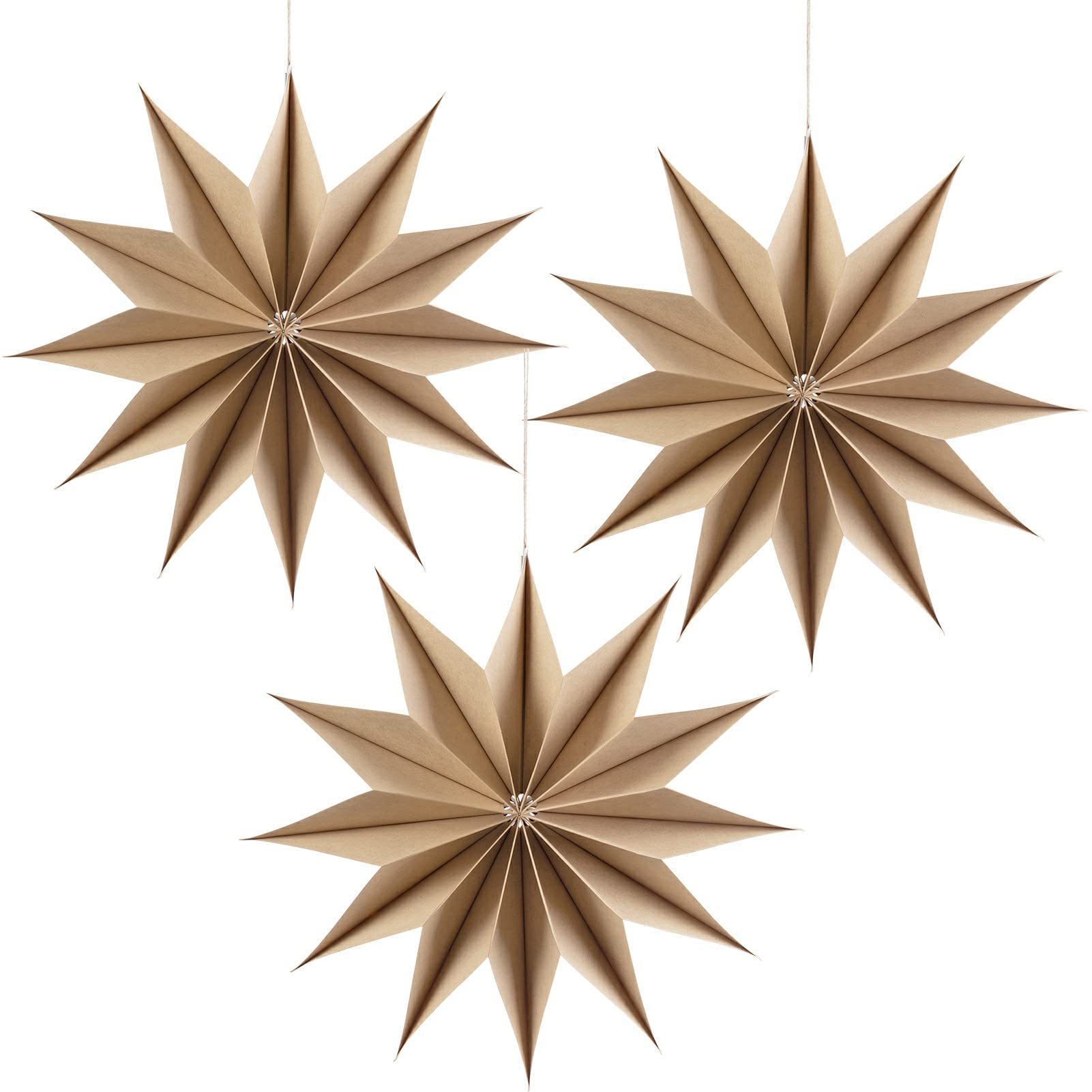 SUNBEAUTY 3 Pcs 12-Pointed Brown Paper Star Lanterns 12 Inch Christmas Hanging Lamp Rustic Paper Decorations Shade Wedding Birth