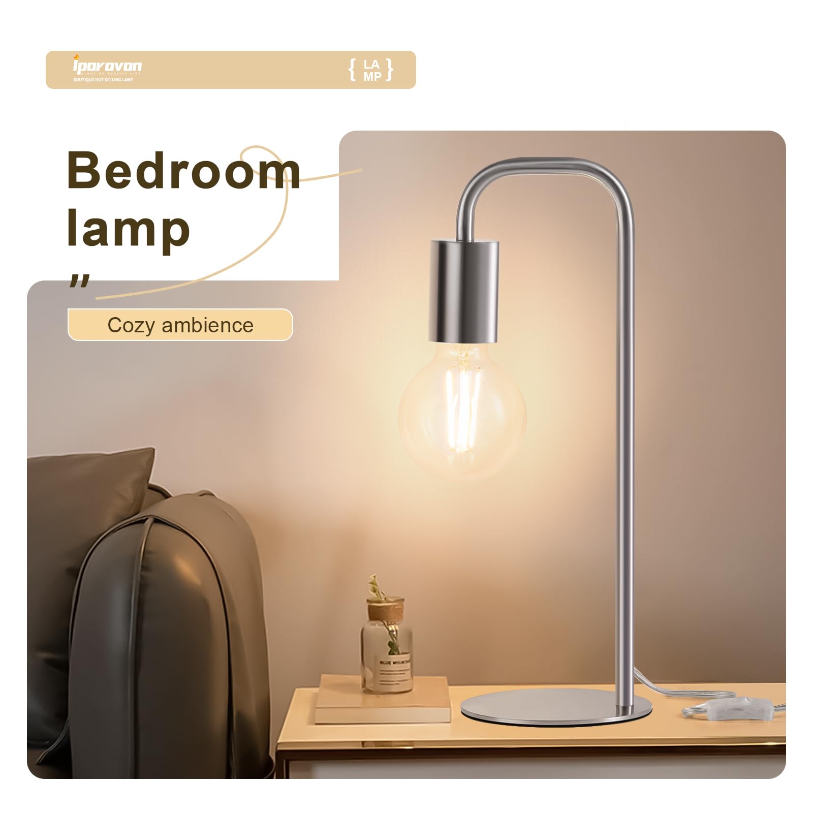 Iporovon Industrial Table Lamp For Bedroom, Small Side Table Lamp For Nightstand With Wire Switch, E26 Socket Base, Modern Desk