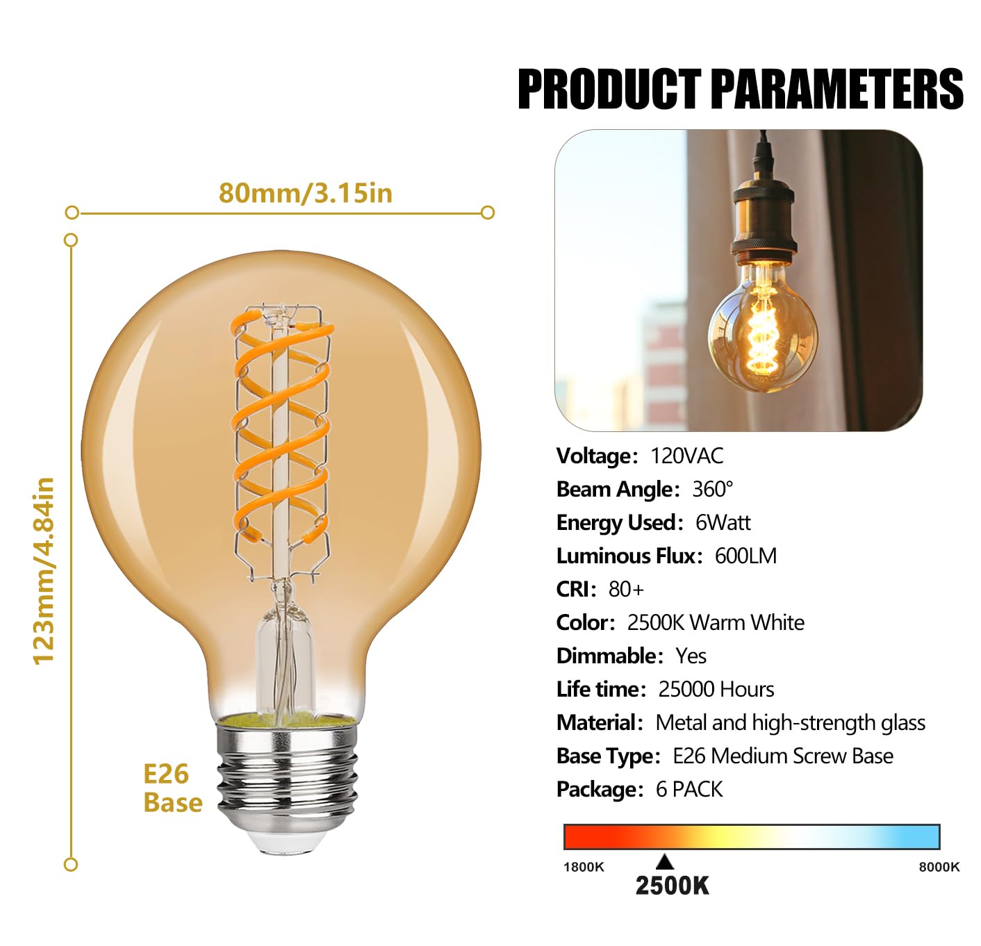 RuiAoTD LED Globe Vintage Edison Bulbs, 6W Equivalent, 600LM, Warm White 2500K, Dimmable, Amber Glass, 6 Pack