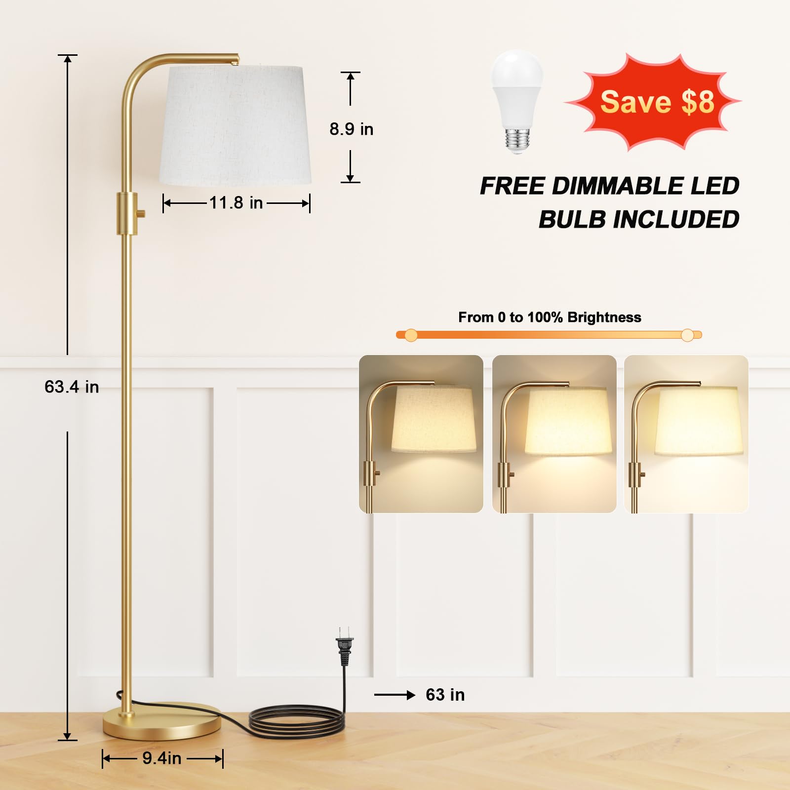 Ambimall Floor Lamp - Fully Dimmable 9W LED, Iron, 63.4 inches, Gold and Light Beige