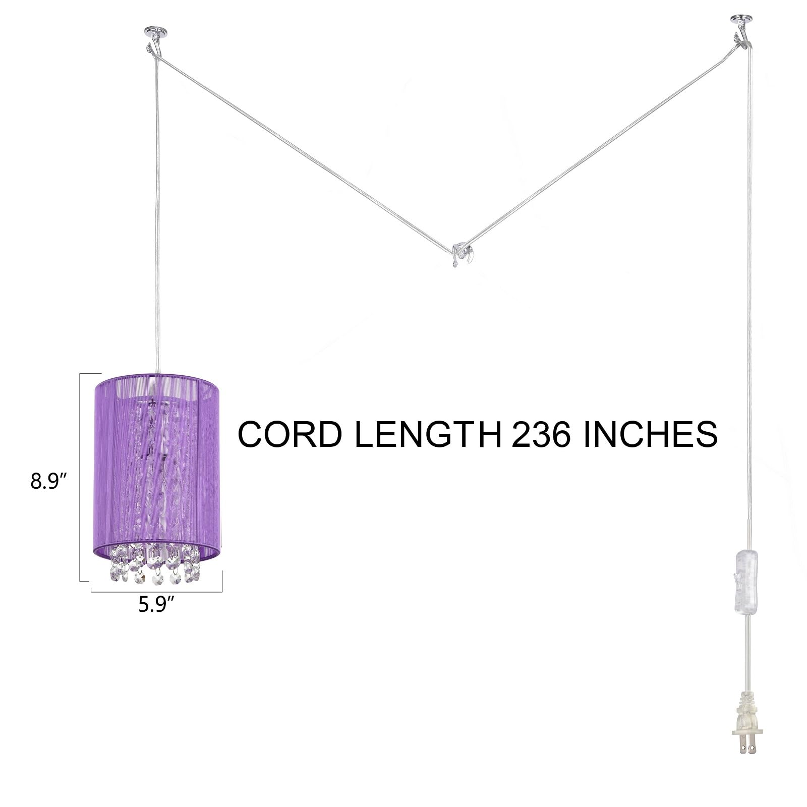LaLuLa Purple Plug-in Hanging Lamp, Easy Install Crystal Pendant Light, 5.9in, Model 17168PU-P
