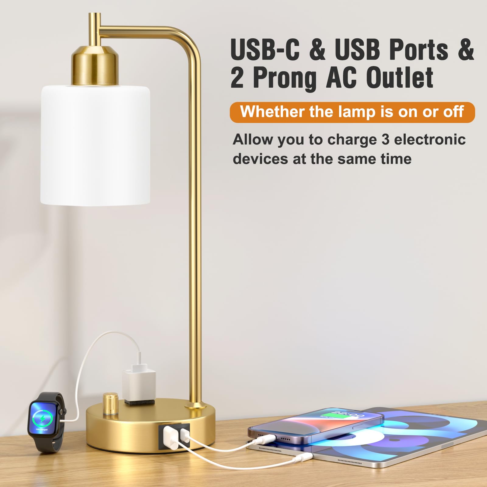 Innqoo Industrial Table Lamps For Bedroom Set Of 2 - Fully Dimmable Bedside Lamps With Usb Ports And Outlet, Gold Nightstand Lam