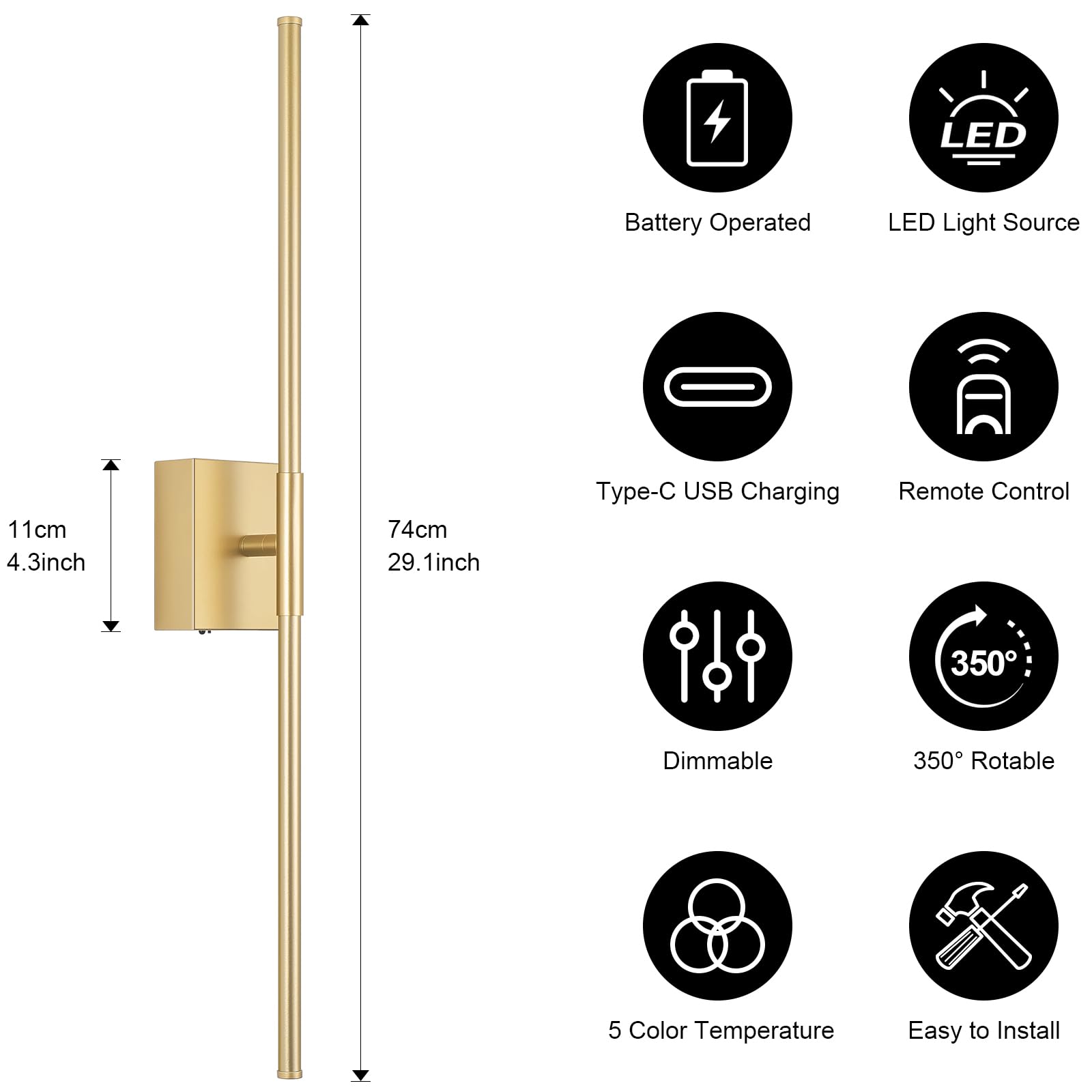 JZEKVN Battery Operated Wall Sconce Set of Two, Dimmable 3000K-6000K, 29.1in Gold, Remote Control, Metal, Model 202