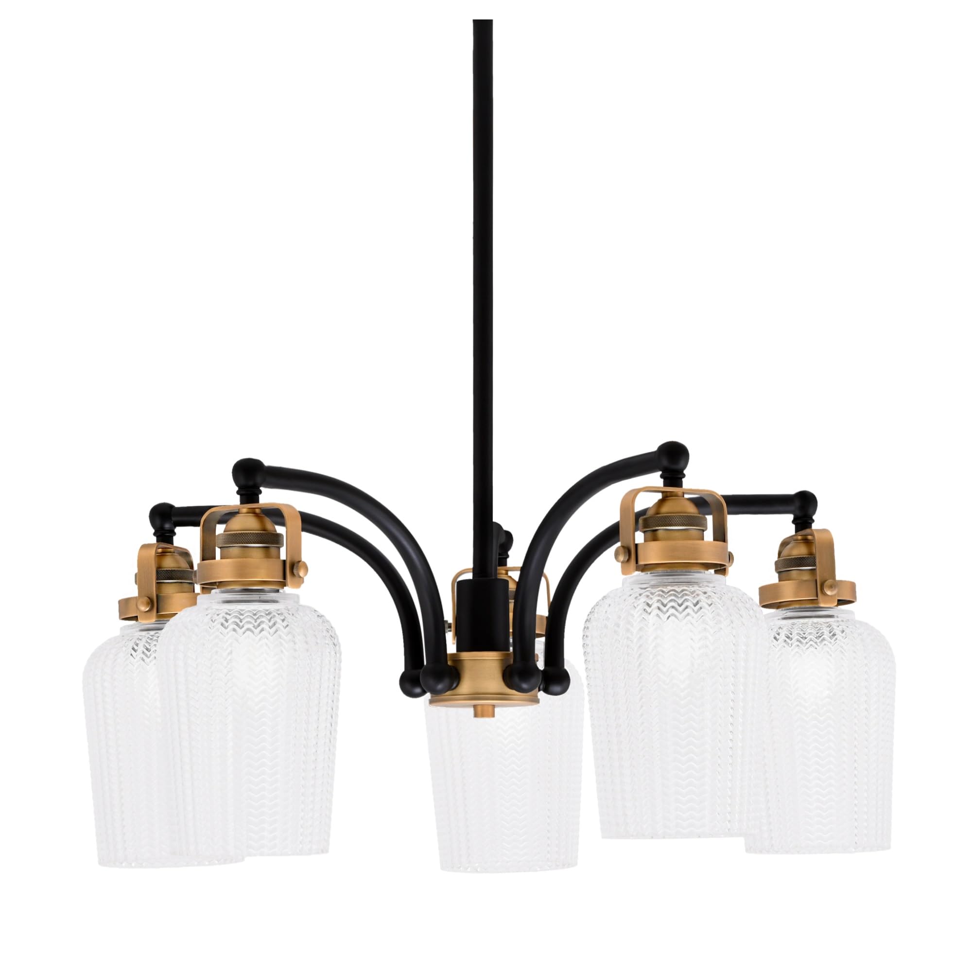 Easton Downlight, 5 Light, Chandelier Shown In Matte Black & Brass Finish With 5&quot; Clear Textured Glass