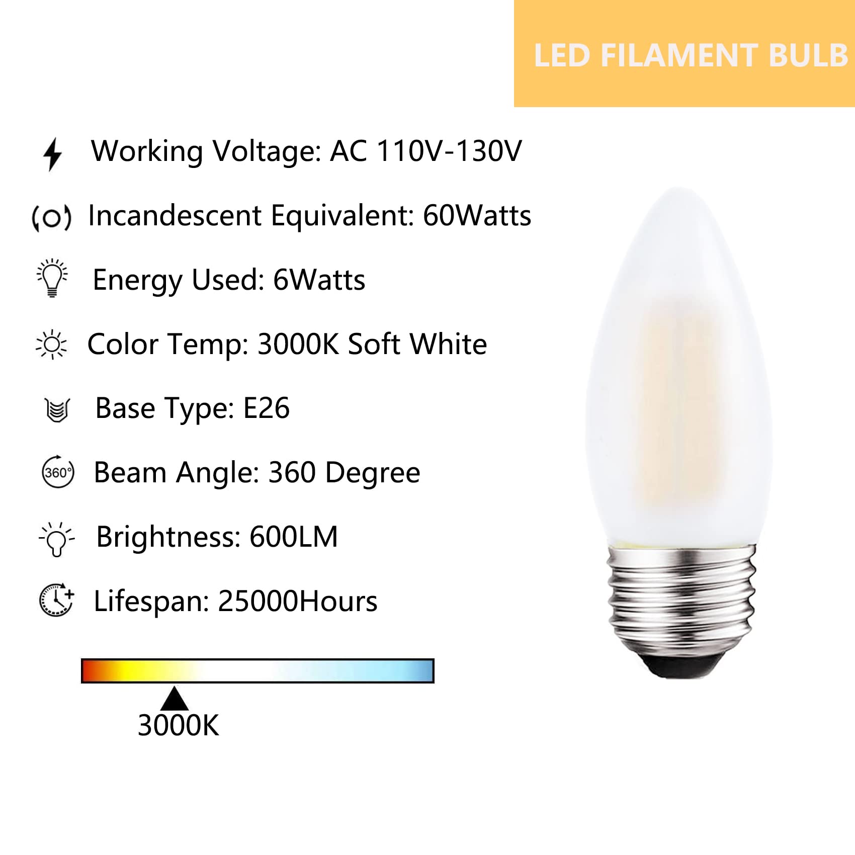 Sunaiony E26 Led Candelabra Light Bulbs 60W Equivalent, Dimmable 6W 3000K Soft White B11 Chandelier Frosted Glass Decorative Can