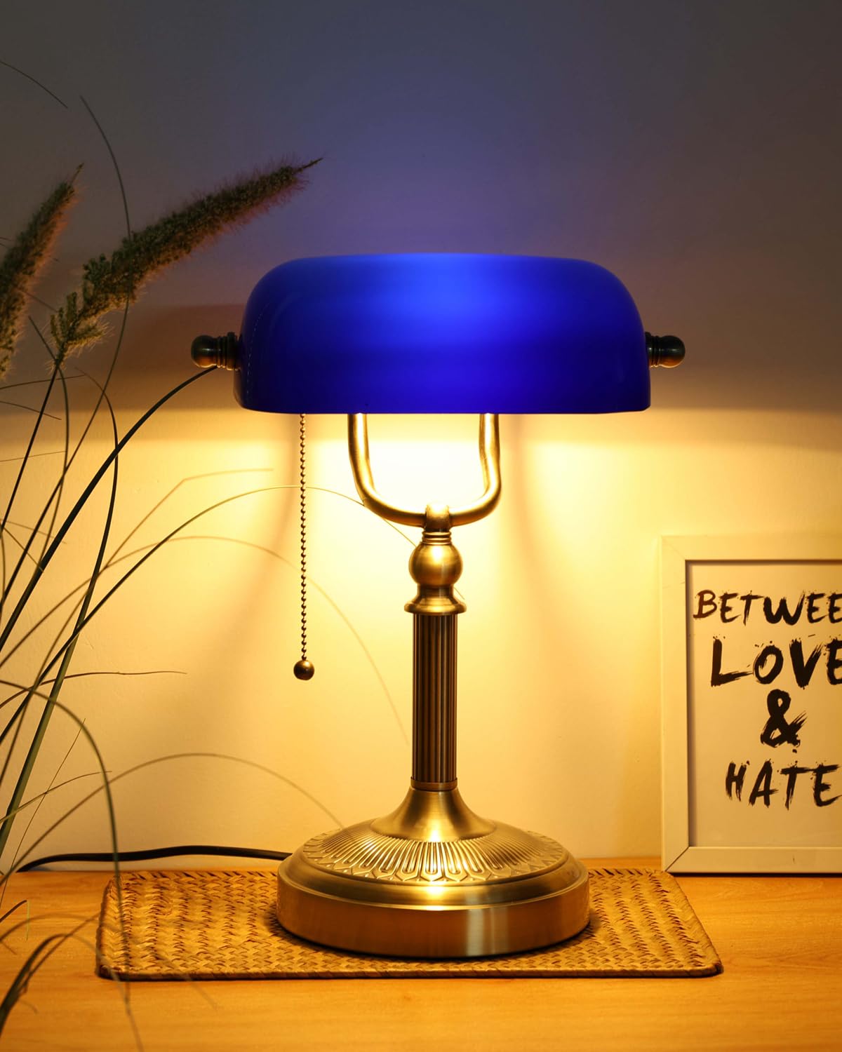 Newrays Blue Glass Bankers Desk Lamp with Pull Chain Switch - Classic Plug-in Fixture for Home Office & Library