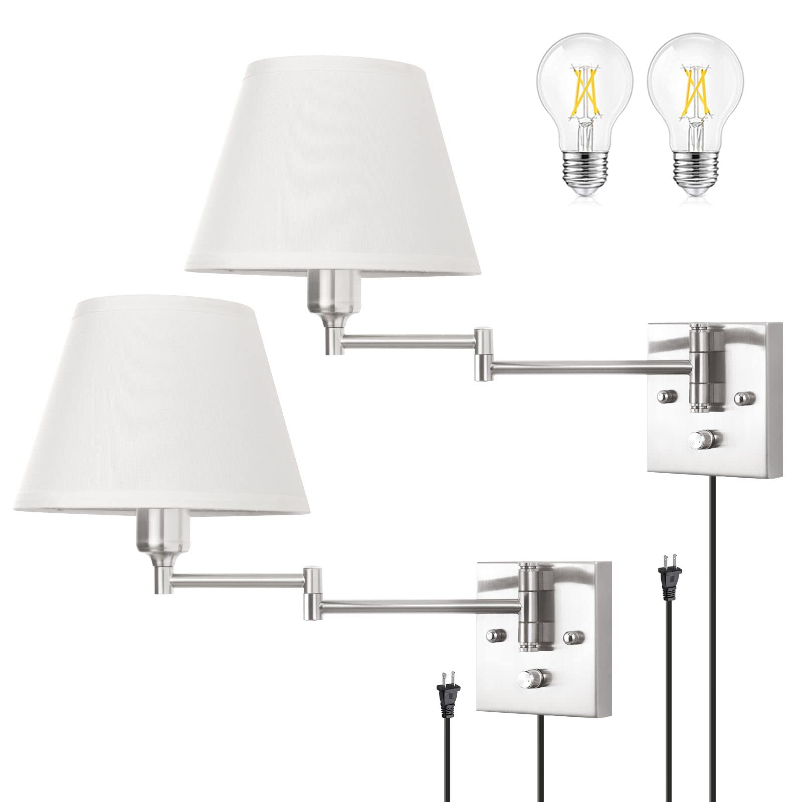 TRLIFE Wall Sconce Set of 2, Dimmable Brushed Nickel Swing Arm Lights, Medium White Fabric Shade, Model BYsconce-M-Whi
