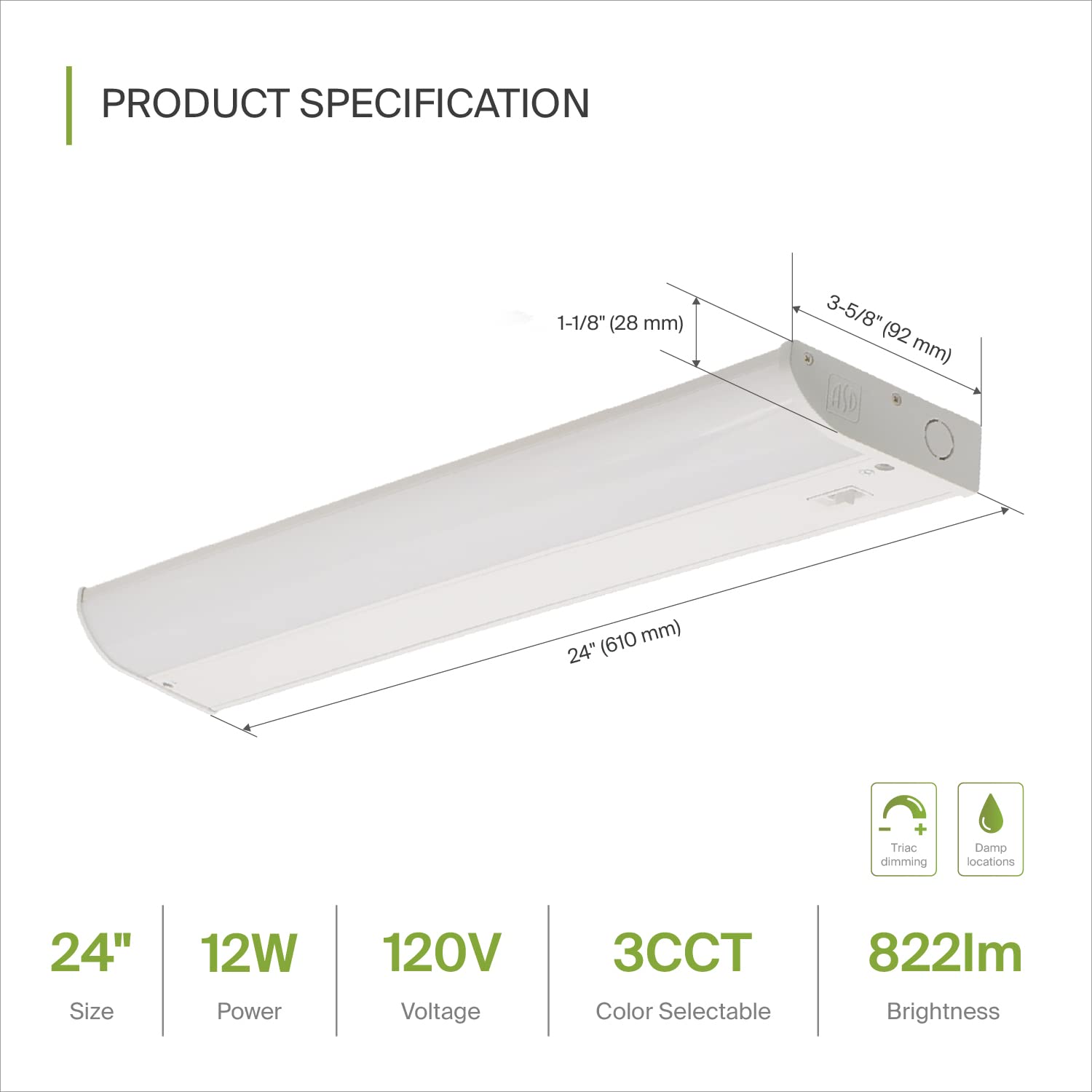 ASD LED Under Cabinet Lighting, 24 inch 12W 822 LM, Dimmable Hardwired Under Cabinet Lights for Kitchen, 3000K/4000K/5000K, Unde