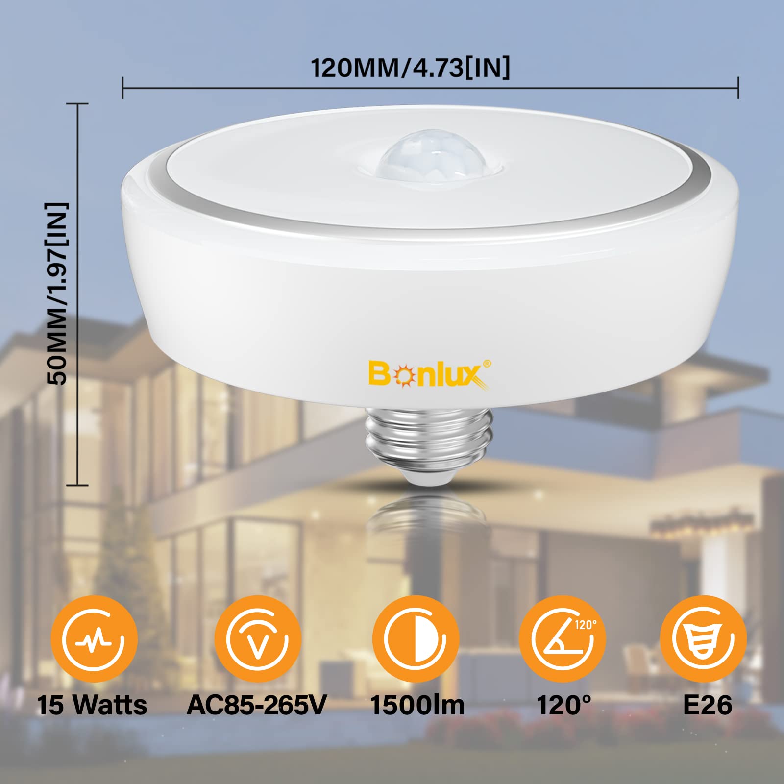 Bonlux Motion Sensor LED Ceiling Light, 15W, E26 Base, Warm White 3000K, Model 1194, Auto On/Off for Hallway, Kitchen, Bathroom