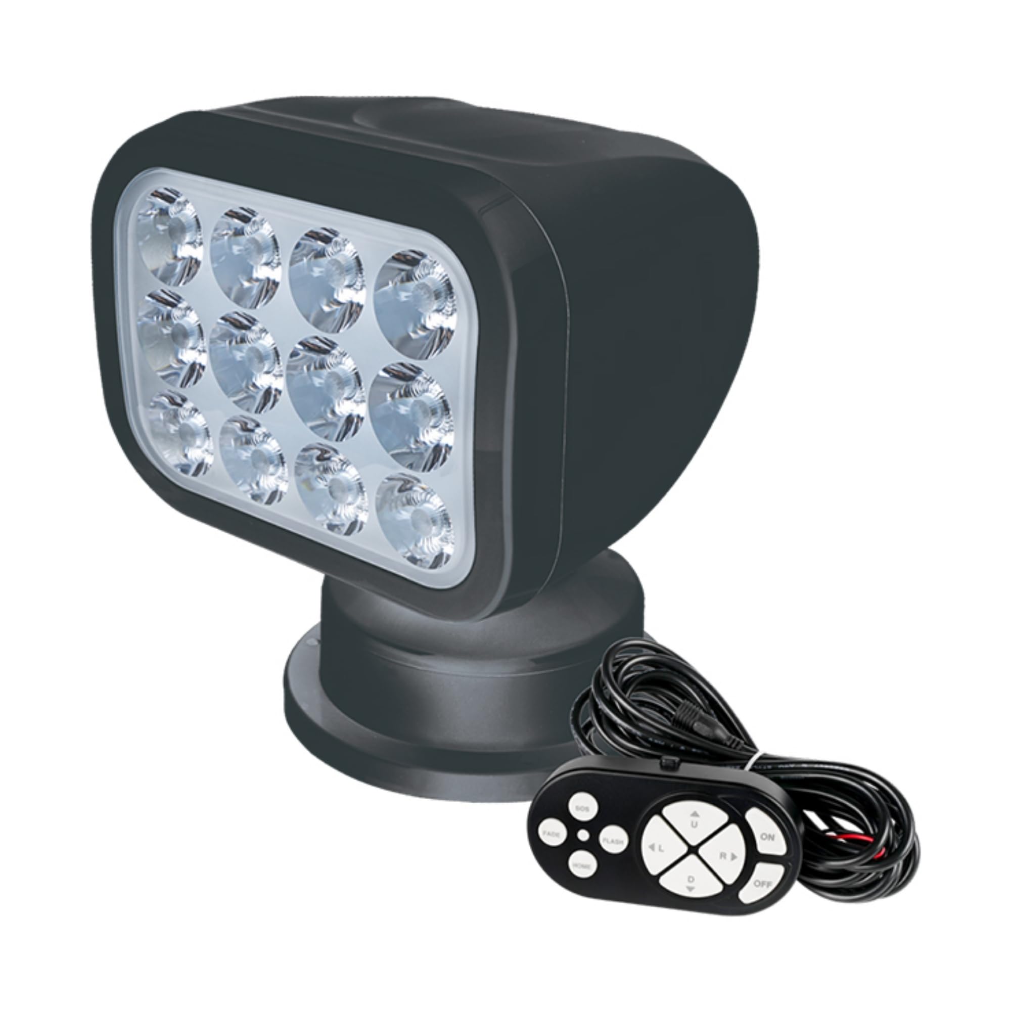 SEAFLO 360° Rotating Remote Control LED Searchlight, IP66 Waterproof, 5500K White Light, Black, Model SFSL-2700W-01B