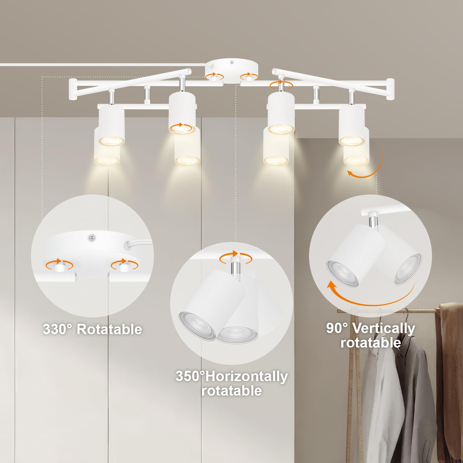 Bricosmocon Plug-in Track Lighting Fixture, 8-Light LED Metal Ceiling Spotlight, White, C0684, 14.8ft Power Cord