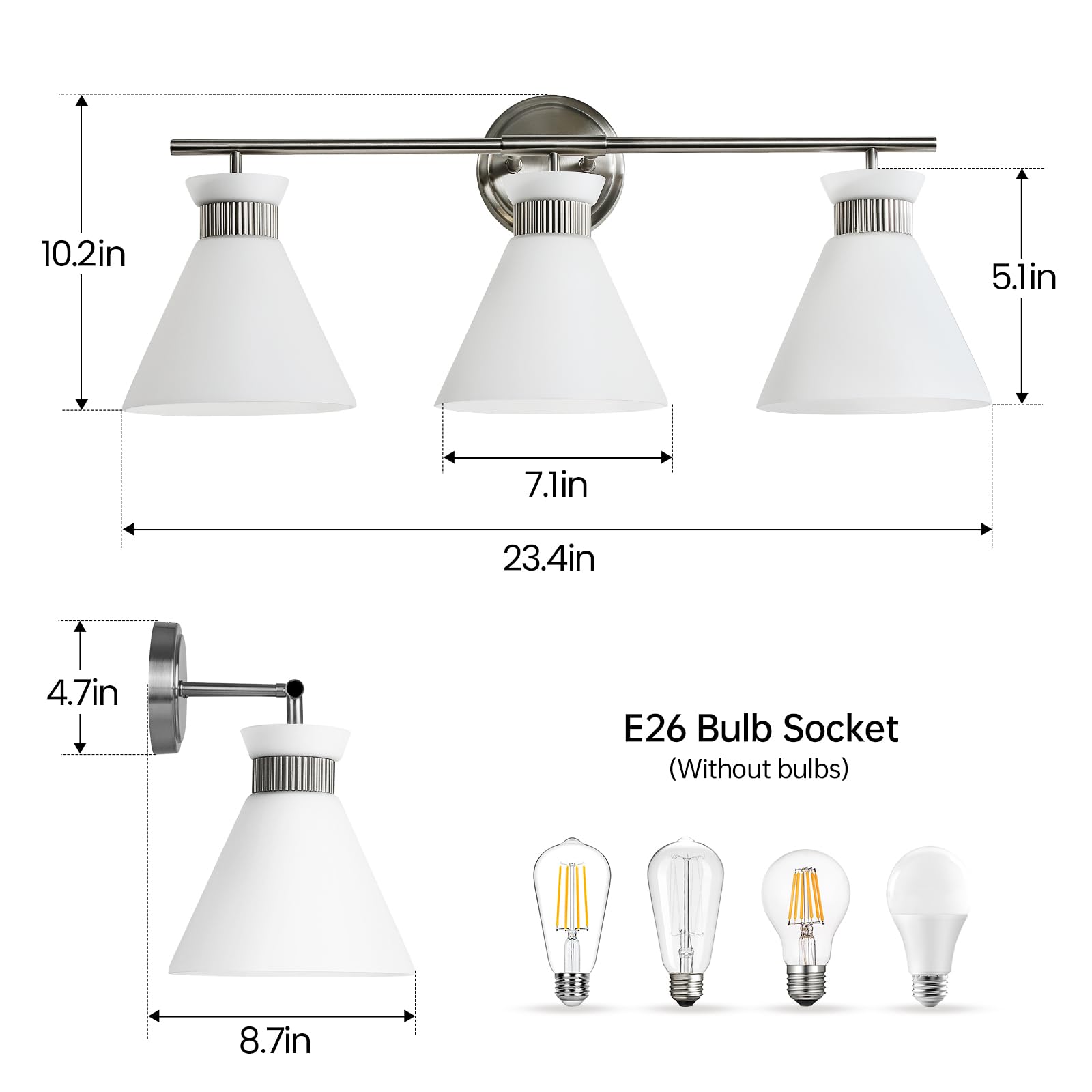 WOSHITU Brushed Nickel Vanity Lights for Bathroom, 3-Light Modern Fixtures with Milky White Frosted Glass Shade, 23.4in