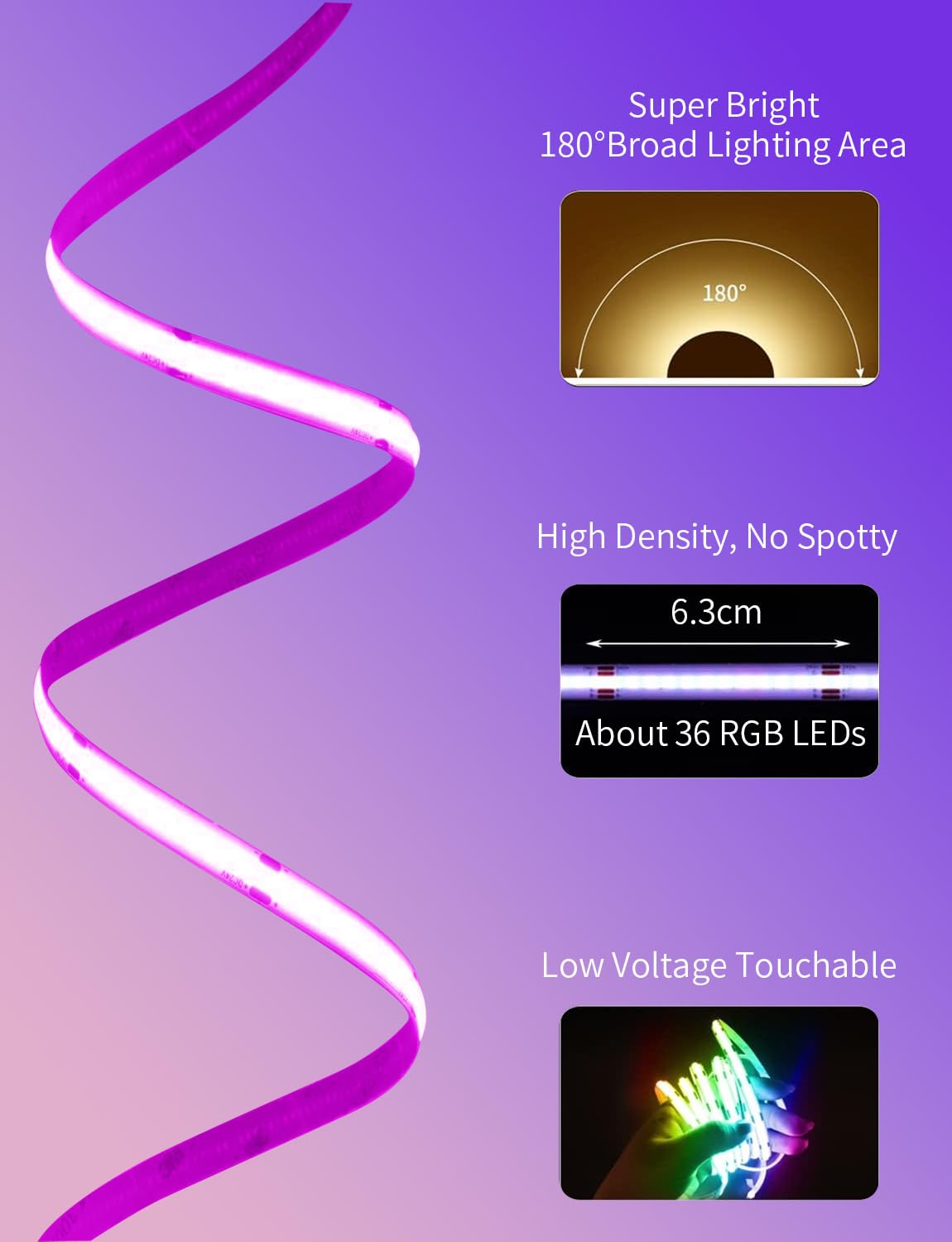 BUNACET COB RGB LED Strip Lights, 20ft, Music Sync, Remote Control, Plastic, Model BNT-LED, Color Changing, Home Decor