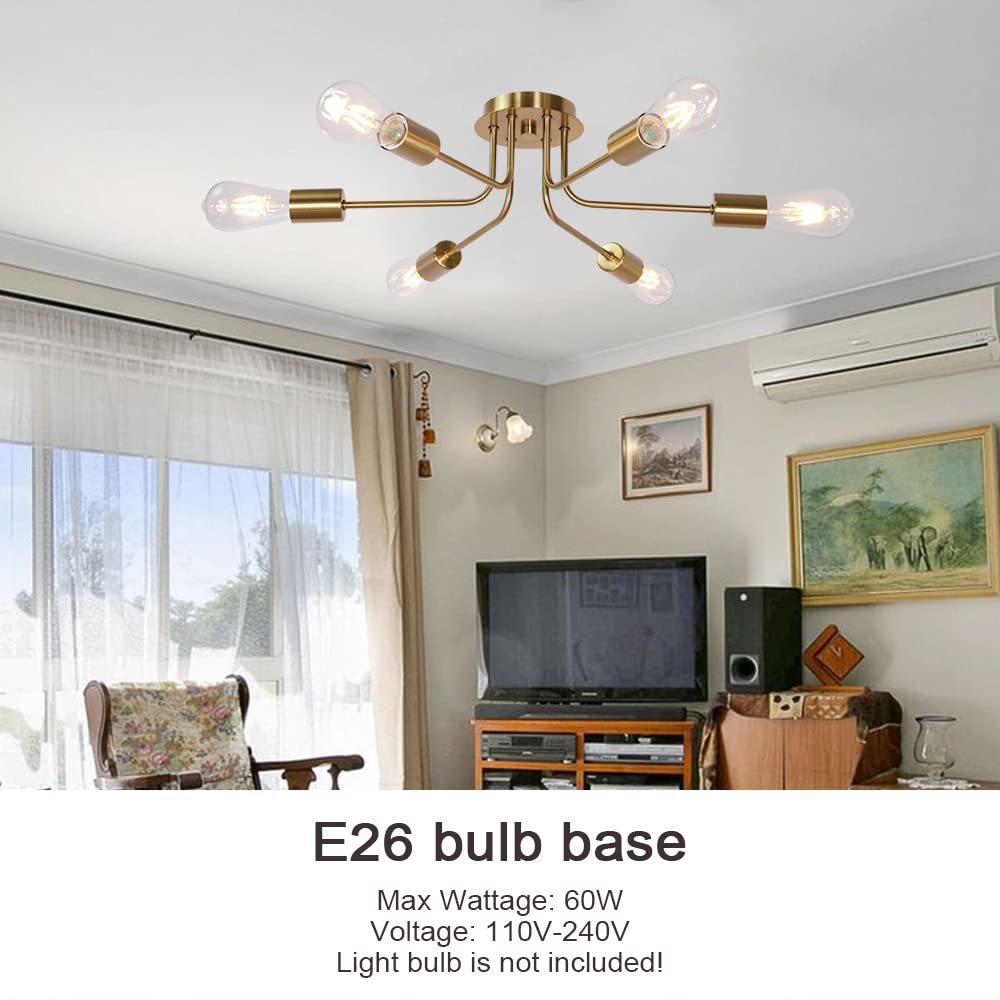 Tuluce Mid Century Modern Ceiling Lighting Industrial Semi Flush Mount Light Fixture Brushed Brass 6 Light Sputnik Chandelier Fo
