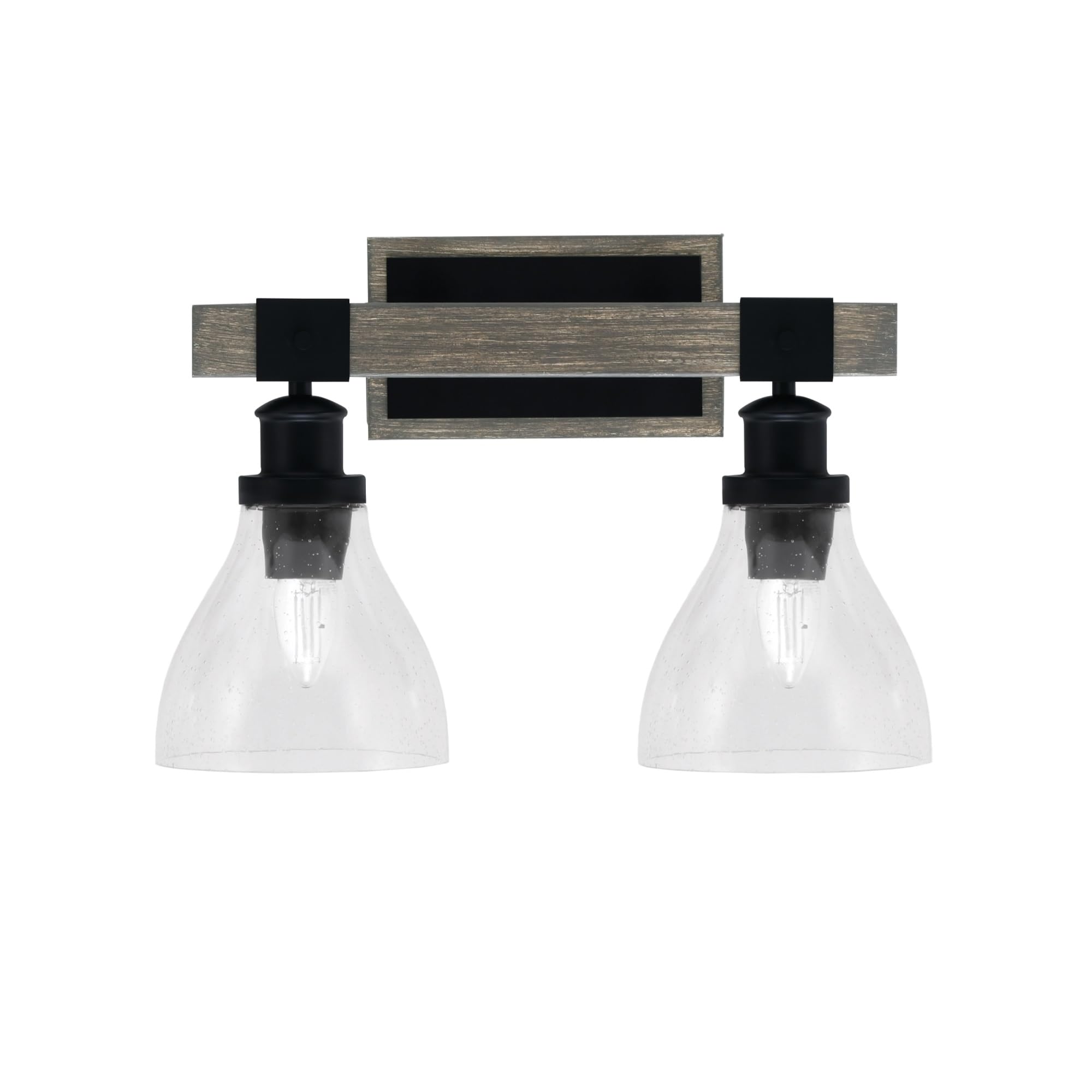 Toltec Lighting Tacoma 2 Light Bath Bar, Matte Black & Distressed Wood-Look, 6.25in Clear Bubble Glass