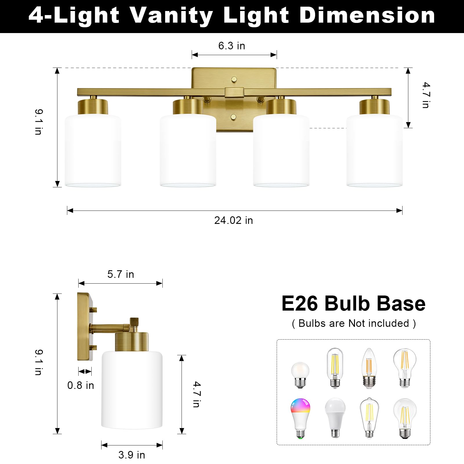 FonmYim 4-Light Brushed Gold Bathroom Vanity Light Fixture, Metal with Frosted Glass Shades, Model FY-GB3105-RG4