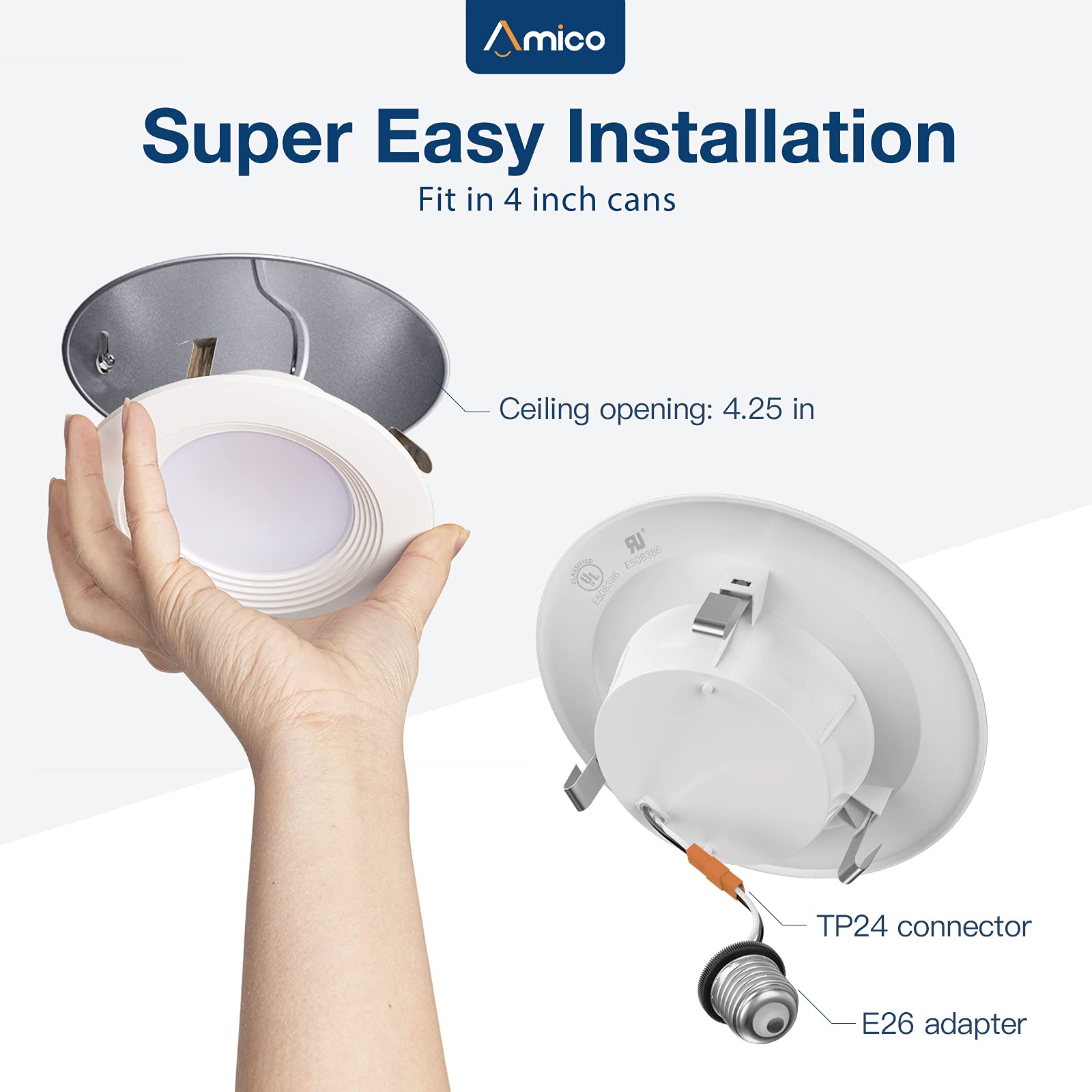 Amico 4 Inch 3Cct Led Recessed Lighting 12 Pack, Dimmable, Damp Rated, 9W=60W, 650Lm Can Lights With Baffle Trim, 3000K/4000K/50