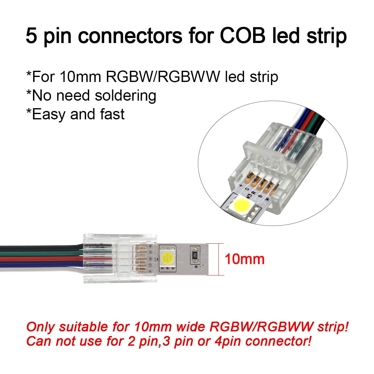 Hamrvl 10Mm Cob Led Strip Light Connectors 5 Pin 12 Pack, Strip To Wire Solderless Transparent Track Lighting Kit Adapter Connec
