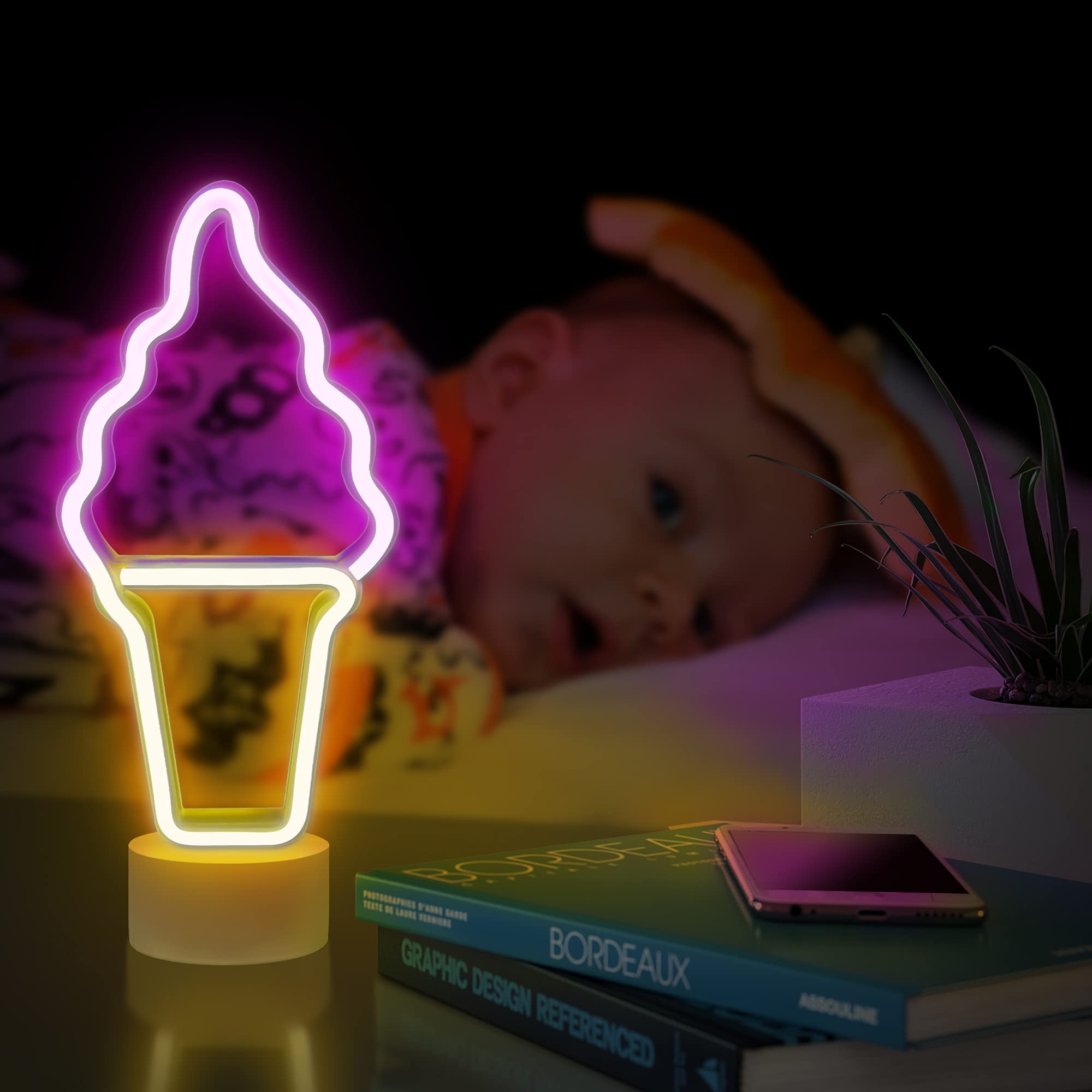 Lumoonosity Ice Cream Neon Sign - Ice Cream Neon Lights For Bedroom Decorations - Battery/Usb Powered Ice Cream Shaped Night Lig