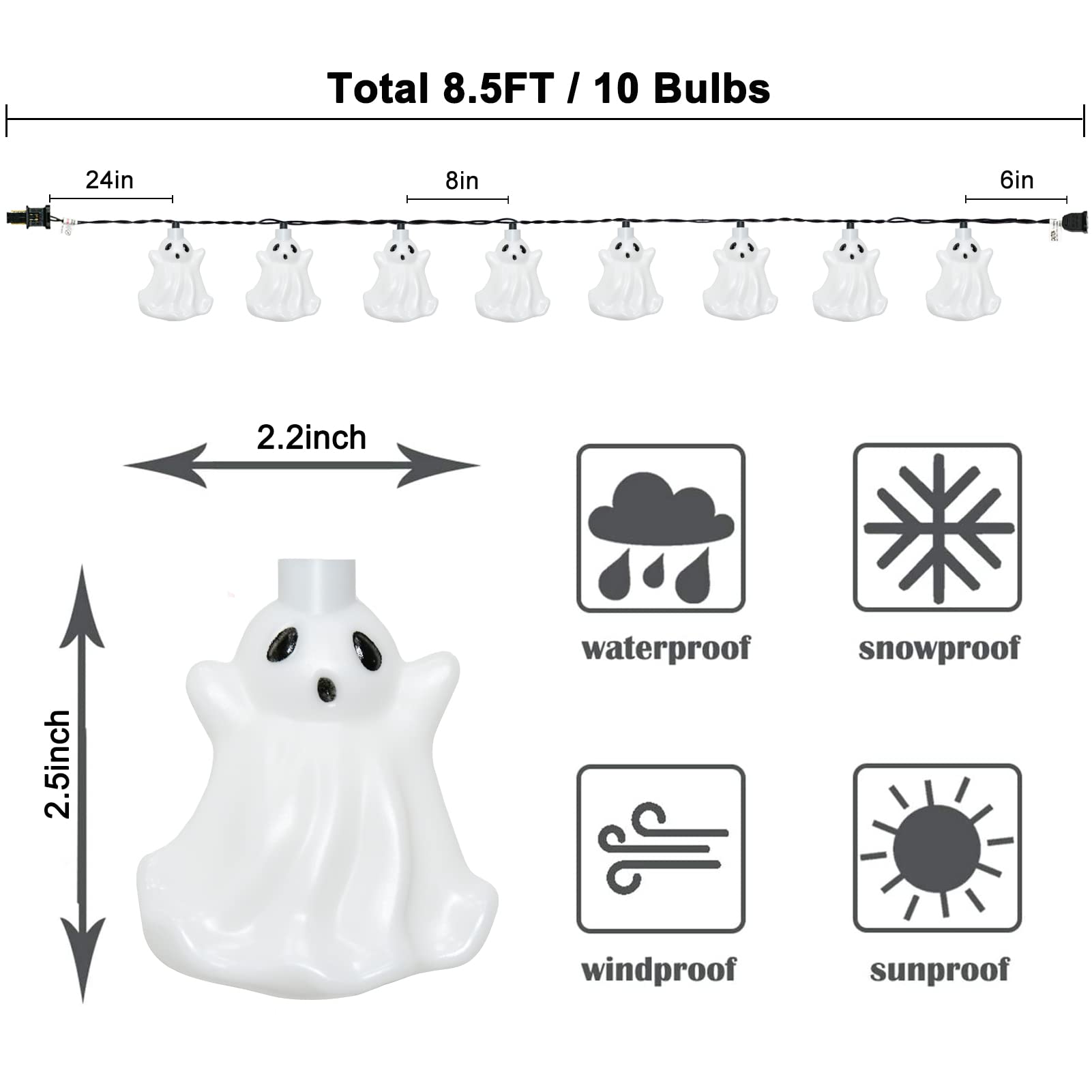 Halloween Ghost String Lights, 8.5Ft Outdoor Halloween String Lights With 10 Led White Ghost Light, Halloween Ghost Lights For Patio, Garden, Halloween Party, Carnival Decoration