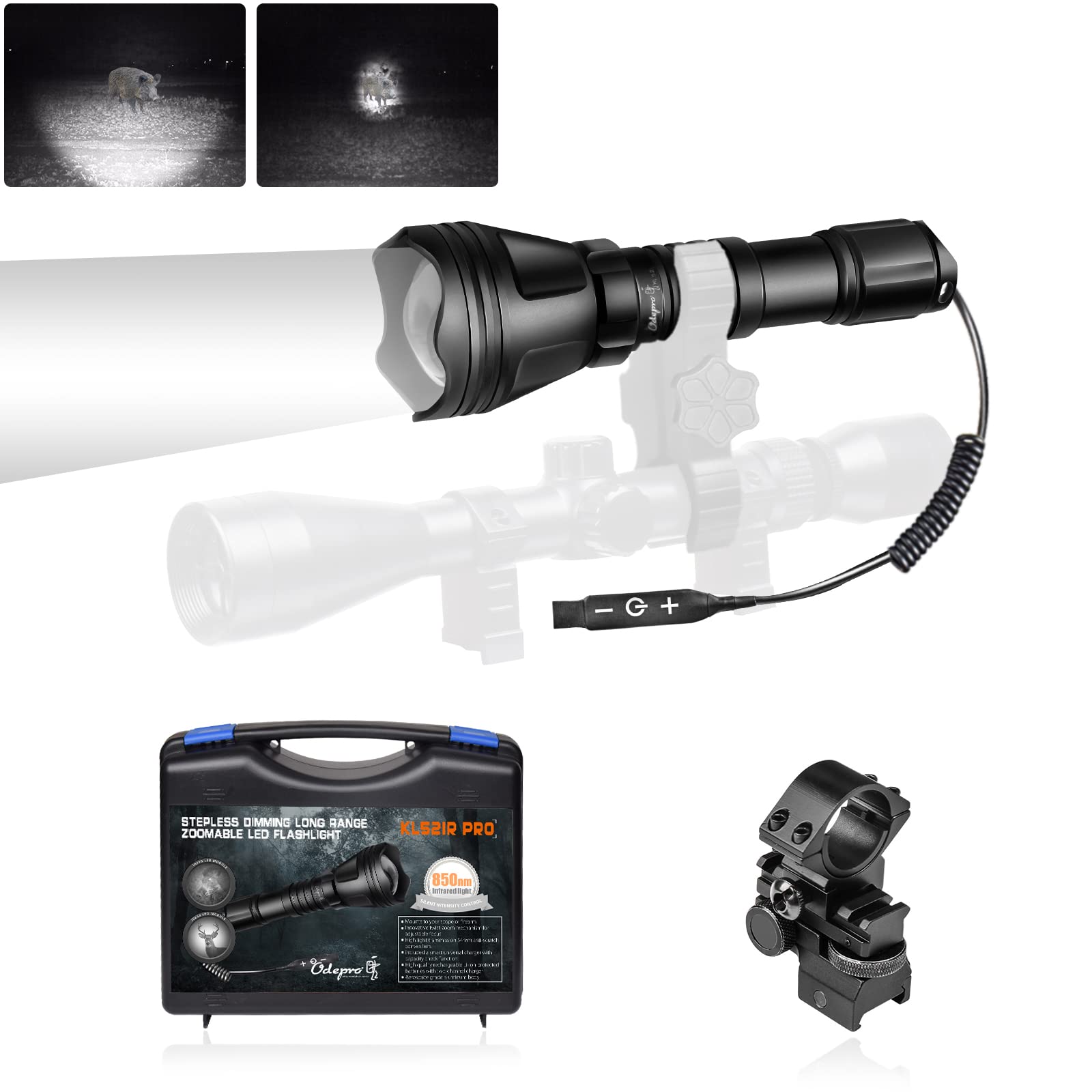 Odepro KL52IR-Pro 850nm IR Illuminator Flashlight for Night Vision Hunting  Focus Adjustable Infrared Scope Mounted Light with Stepless Dimmer Switch  for Coyote Hog Predator Hunting