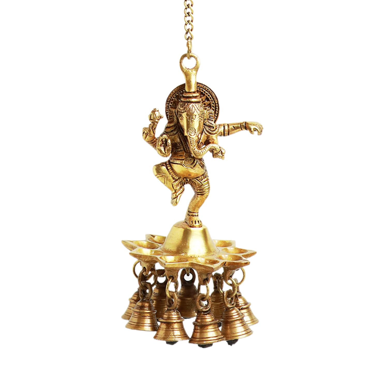 ExclusiveLane Swaying Ganesha Decorative Brass Hanging Diya for Puja Room Mandir with Bell (Pure Brass, 9 Diyas & Bells, 22.2 In