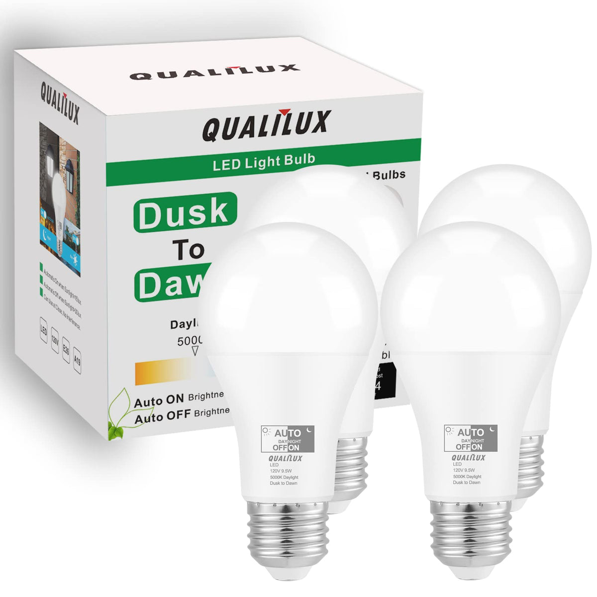 Qualilux Dusk To Dawn Light Bulbs Outdoor 850 Lumen, 60W Equivalent, Daylight, Led 9.5W, A19, E26 Base, 4-Pack, Hq-H012