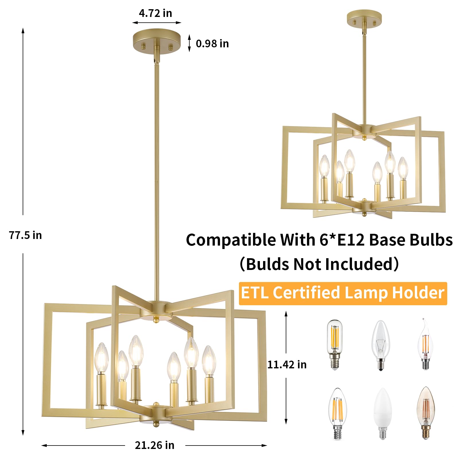 Miaybph Dining Room Light Fixture, 6-Light Gold Chandelier Modern Metal Industrial Chandelier Lighting For Farmhouse Living Room